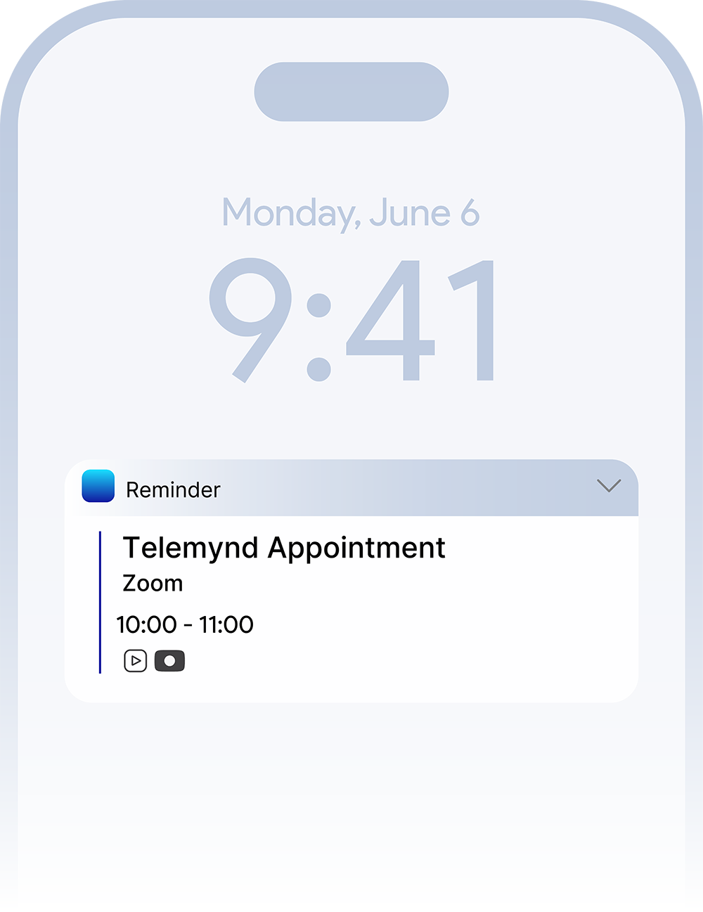 Smartphone screen displaying date Monday, June 6, and time 9:41 with a reminder for a telemedicine appointment via Zoom from 10:00 to 11:00.