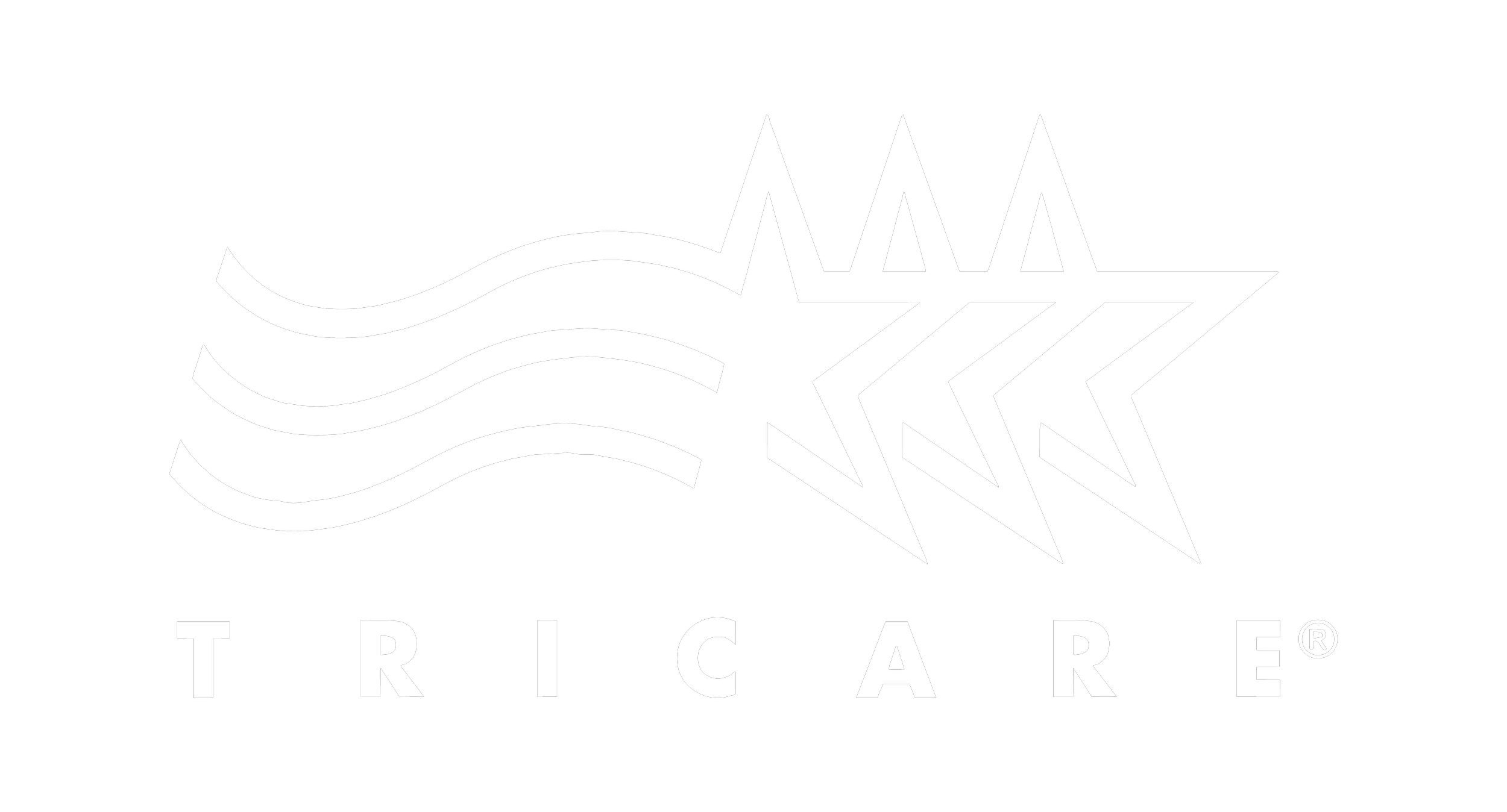 Tricare logo with a stylized star and wavy lines, black background, white design and text.