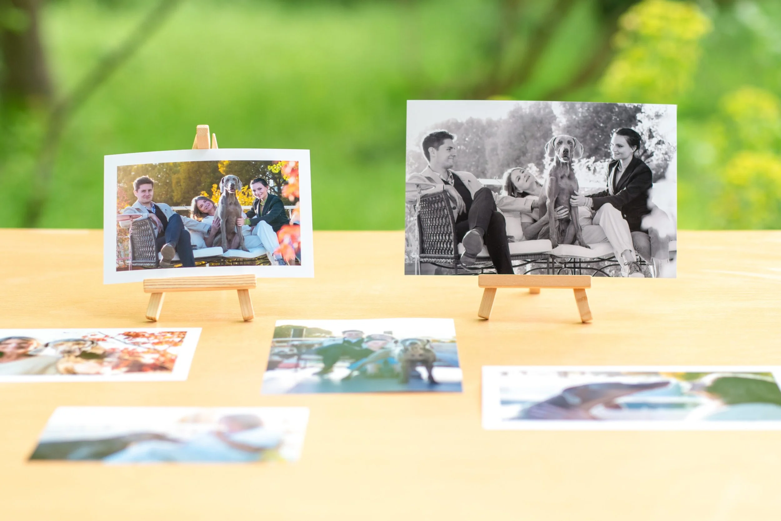 Photographies d'une famille avec un chien, posées sur une table en bois, en plein air, avec un fond de verdure