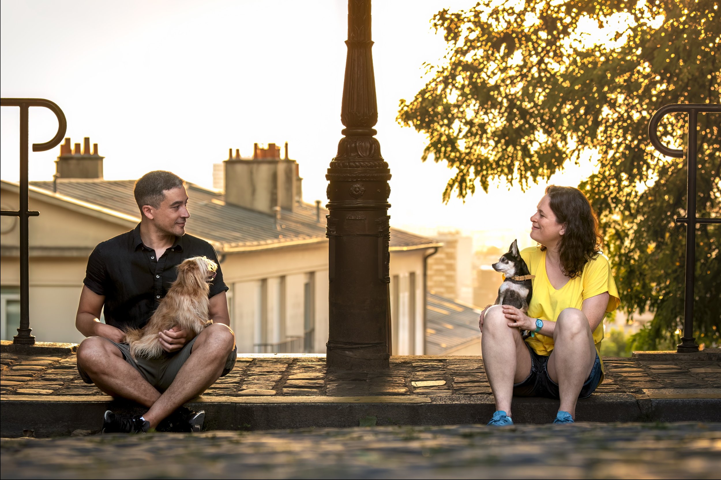 Un homme et une femme assis dans une rue pavée en haut d'un escalier, chacun tenant un chien, se regardant et souriant au lever du soleil, avec des toits et un arbre en arrière-plan. 