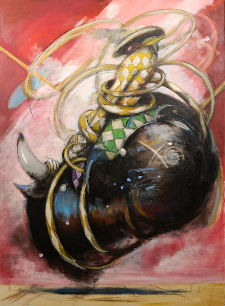 A surreal painting of a human heart with clown-themed elements, including a checkered hat and collar, surrounded by swirling lines and a pink background.
