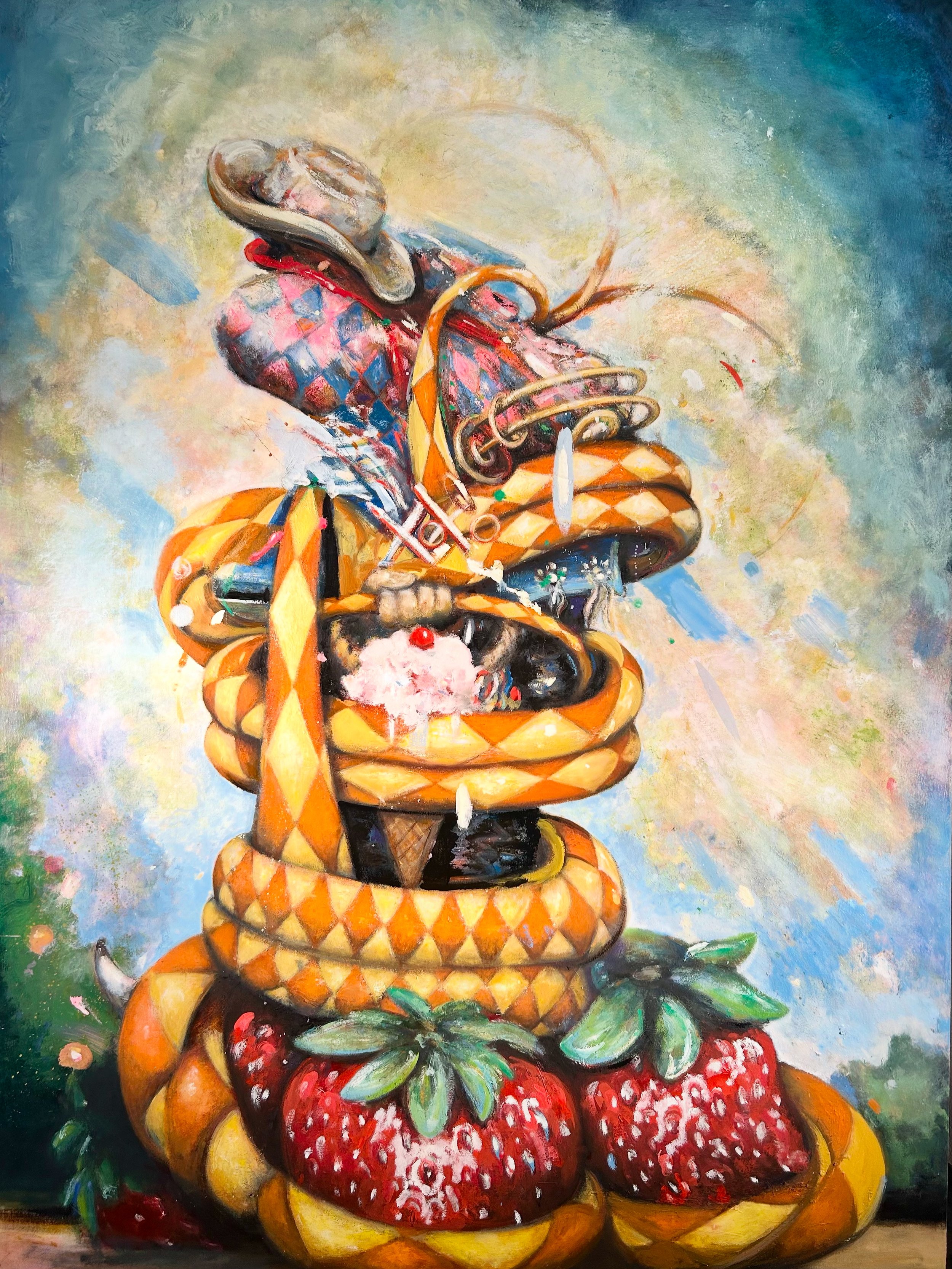 Colorful abstract painting of a serpent coiled around an ornate basket filled with strawberries and lilies, with a background of swirling pastel hues.