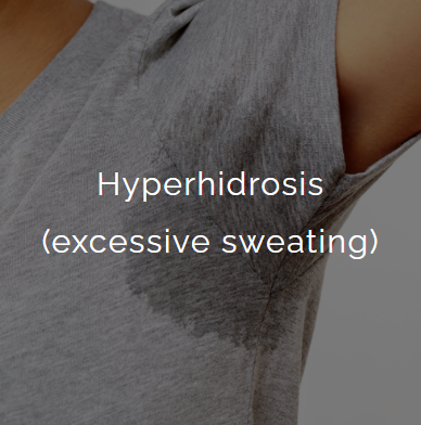 Close-up of a person's underarm with visible sweat stain and the text 'Hyperhidrosis (excessive sweating)' overlaid.