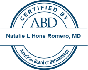 Professional certification seal for ABD, certified by Natalie L. Hane Romero, MD, from the Illinois Board of Dermatology