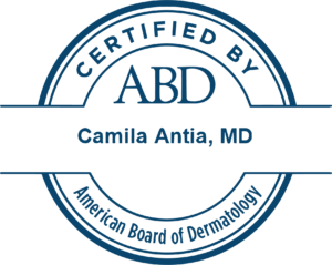 Seal with text 'Certified by ABD' and 'Camila Antia, MD' on a blue circular background