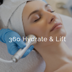 A woman with a towel wrapped around her head receives a facial treatment with a skincare device, with the text '360 Hydrate & Lift' overlayed on the image.