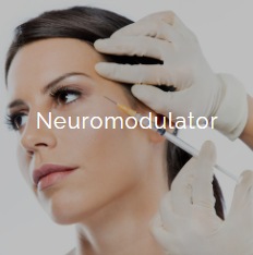 Close-up of a woman with dark hair receiving a neuromodulator treatment on her forehead, performed by a professional in white gloves.