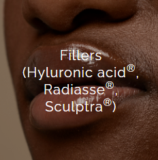 Close-up of lips with overlay text listing fillers like hyaluronic acid, Radiesse, and Sculptra.