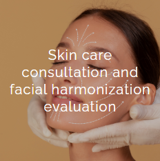 Close-up of a woman receiving a skin care consultation and facial harmonization evaluation, with a gloved hand gently touching her face and white dotted lines indicating facial areas.