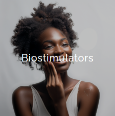 A woman with natural curly hair touching her face, with the word 'Biostimulators' overlaid.