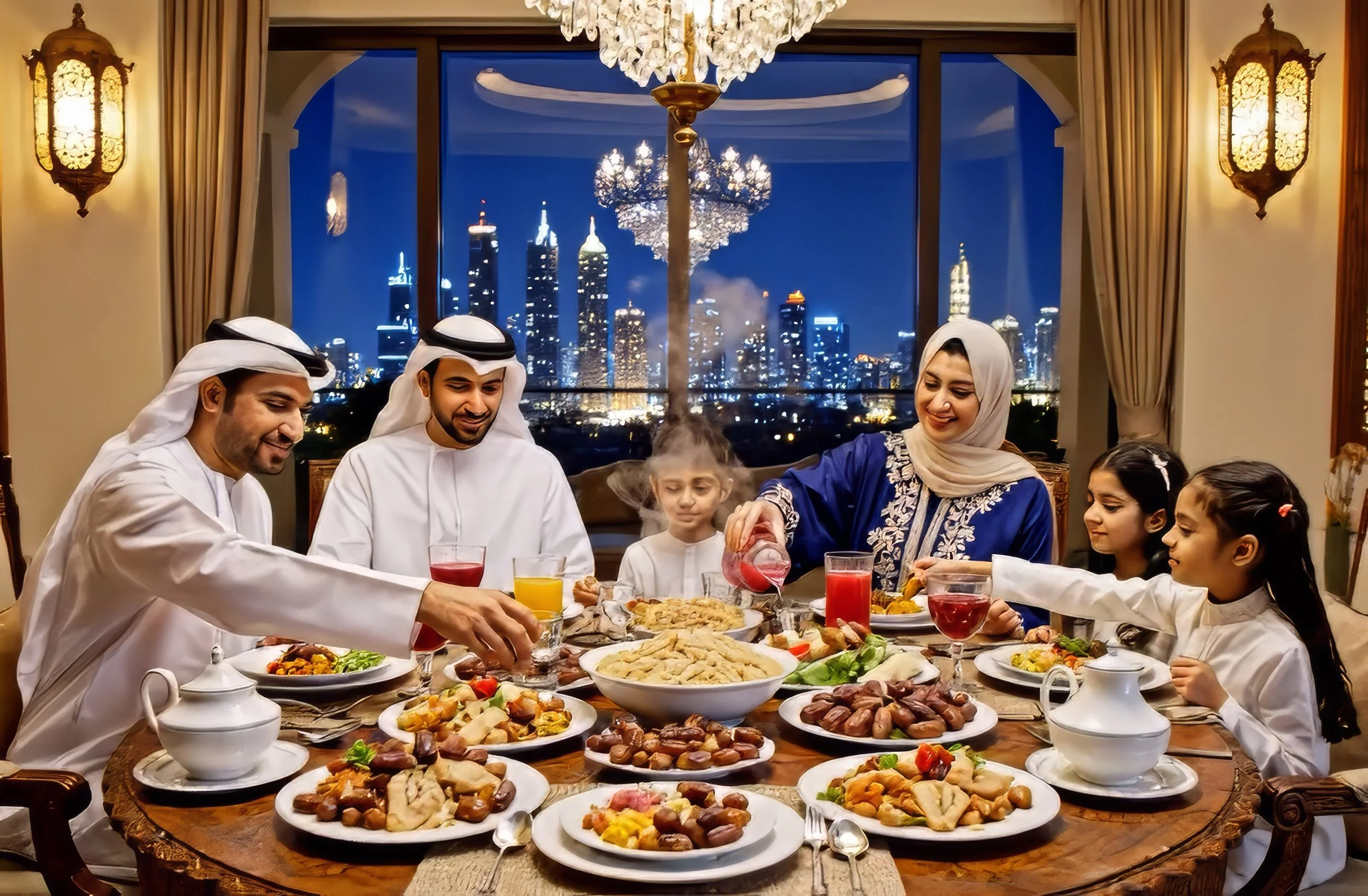 Family enjoying a meal at a dinner table with Middle Eastern food, in a luxurious room with large windows showing a city skyline at night, chandeliers, and ornate lighting fixtures.