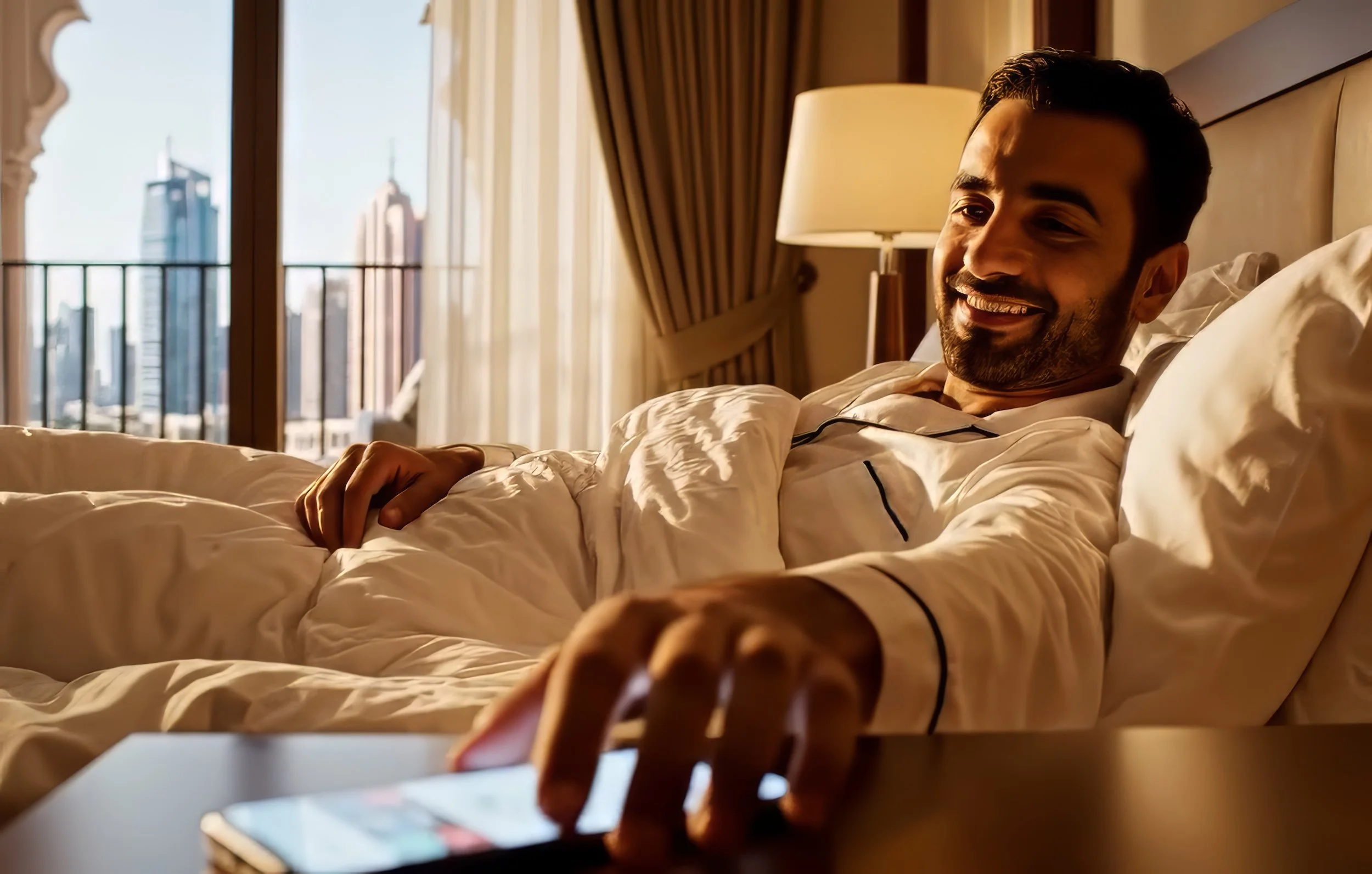 A man smiling and lying in bed in a hotel room, using a smartphone, with cityscape view from the window in the background.