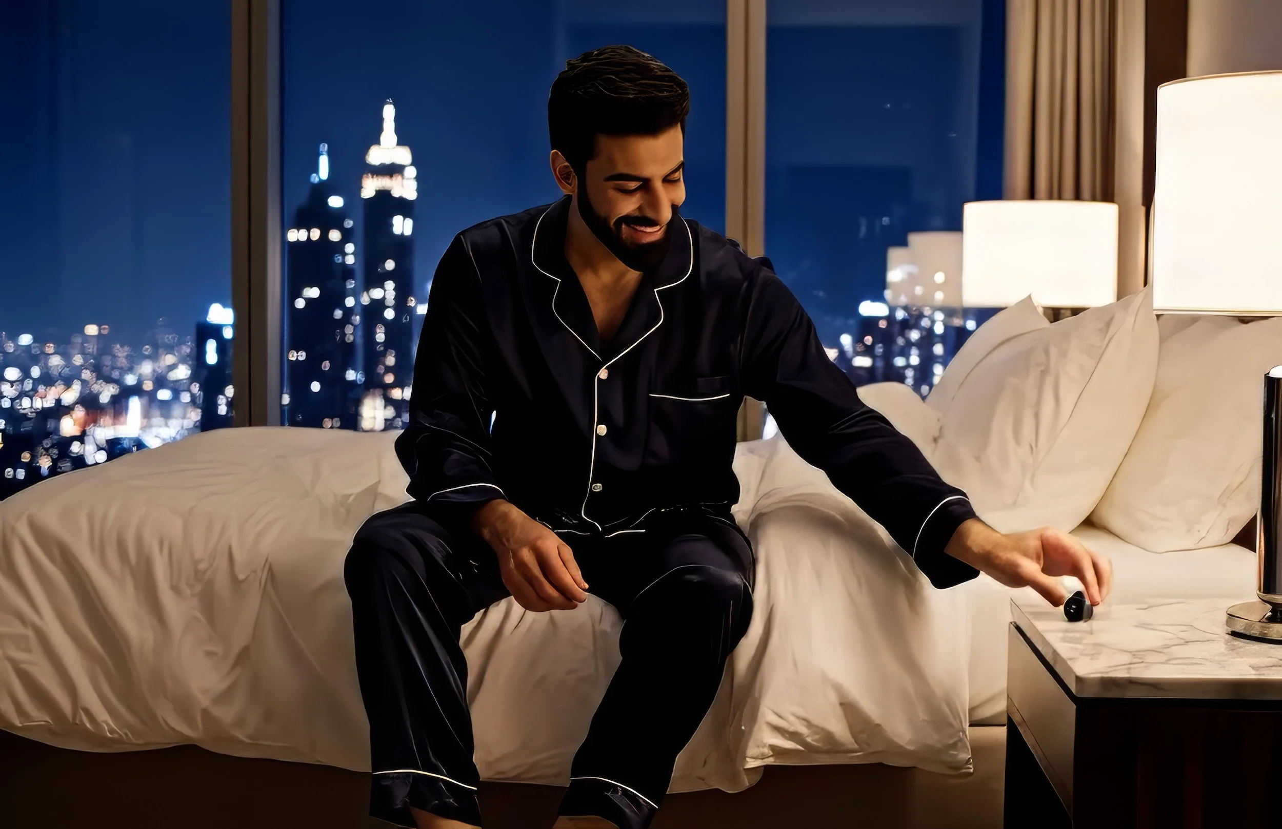A man in black pajamas with white piping sitting on a bed in a hotel room at night, using a remote control, with a city skyline visible through the large window behind him.