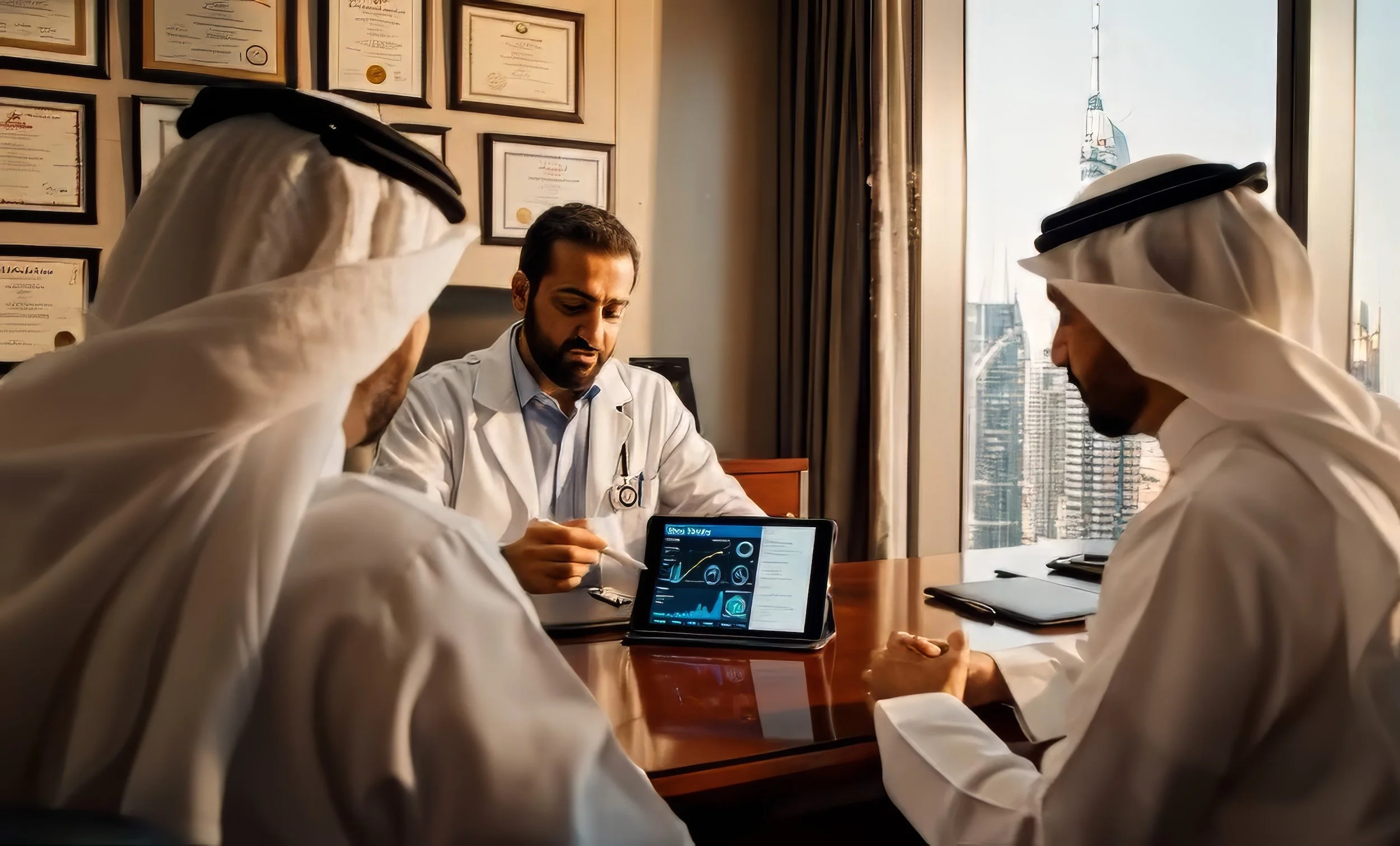 Three Middle Eastern men in traditional white thobes and head coverings having a meeting in an office with framed certificates on the wall and a cityscape view through the window. The doctor is showing medical data on a tablet.