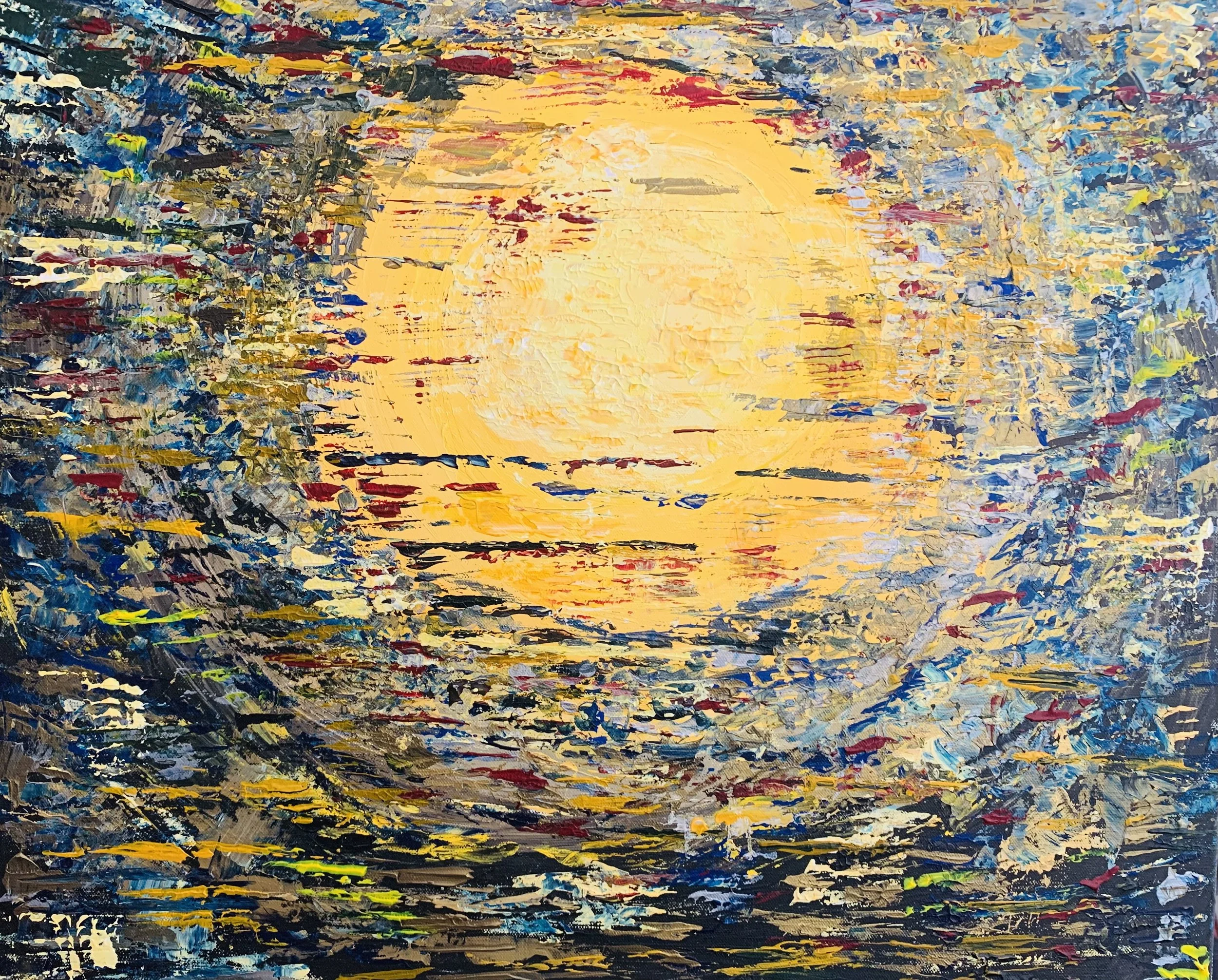 Peinture abstraite contemporaine, acrylique sur toile, 65 x 54 cm, composoition circulaire centrale jaune entourée de textures dynamiques bleues et multicolores, travail au couteau, oeuvre originale d'Isabelle Mattei