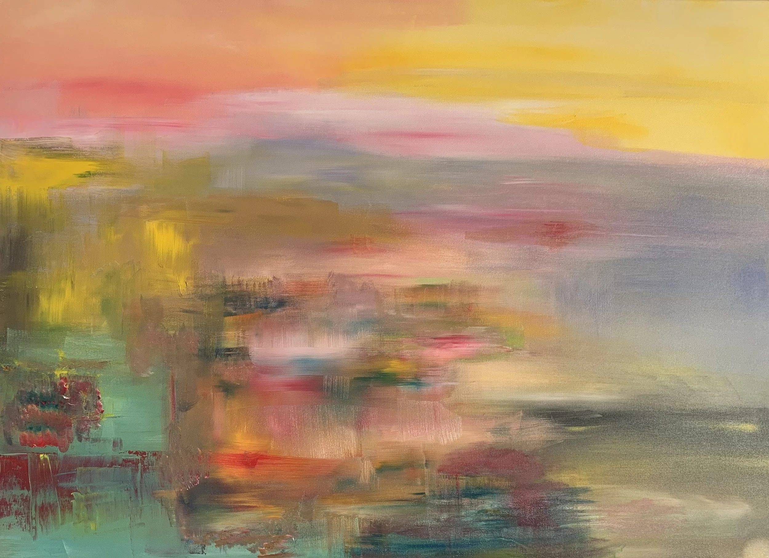 Peinture abstraite contemporaine aux tons jaunes, roses et orangés, atmosphère lumineuse et vibrante, composition horizontale fluide, acrylique sur toile, oeuvre originale d'Isabelle, format 100 x 73 cm