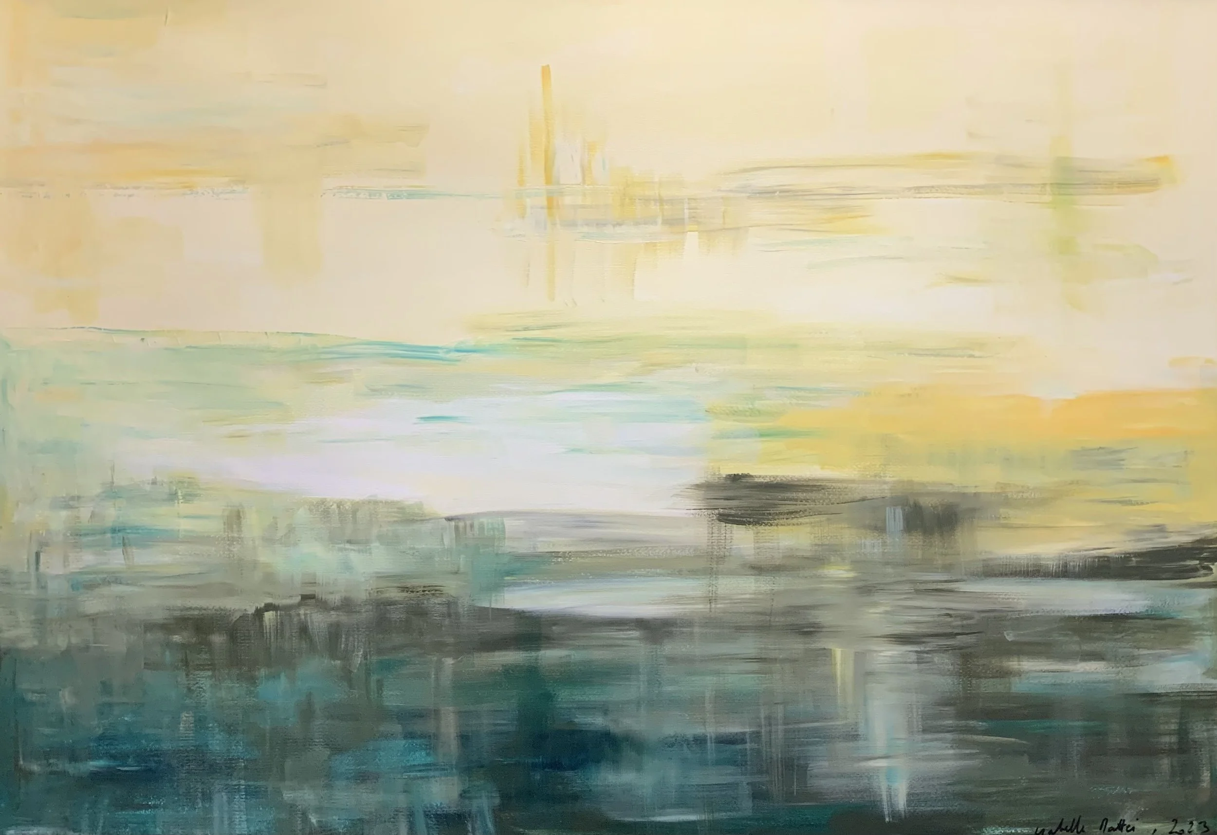 Oeuvre abstraite contemporaine aux tons jaunes et bleu-vert, composition horizontale évoquant un paysage aquatique lumineux, technique mixte sur papier, format 100 x 70 cm, oeuvre originale d'Isabelle Mattei