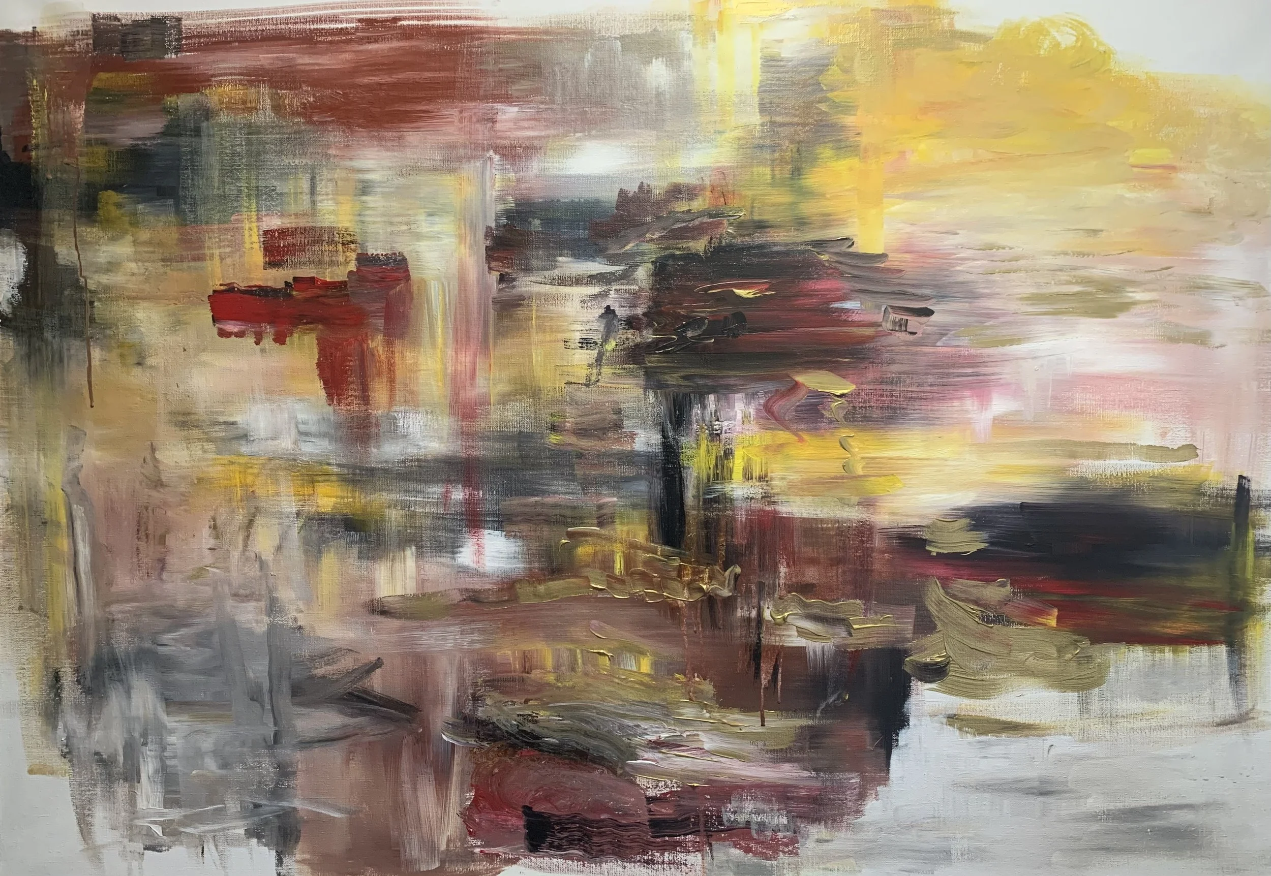 Peinture abstraite contemporaine aux tons jaune, ocre, rouge et gris, acrylique sur toile, oeuvre originale d'Isabelle Mattei, format horizontal 115 x 80 cm