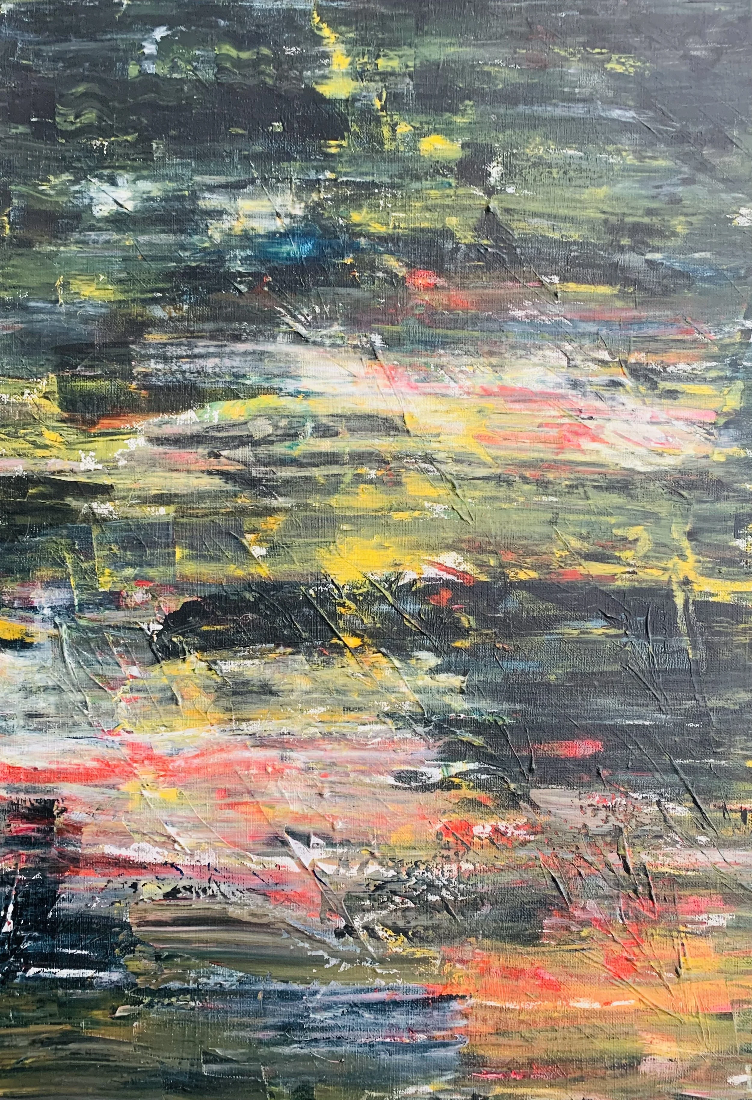 Oeuvre abstraite dominée par des contrastes entre des noirs et des jaunes lumineux, matière pictural striée, peinture acrylique sur toile , format 70 x 50 cm, oeuvre originale d'Isabelle Mattei