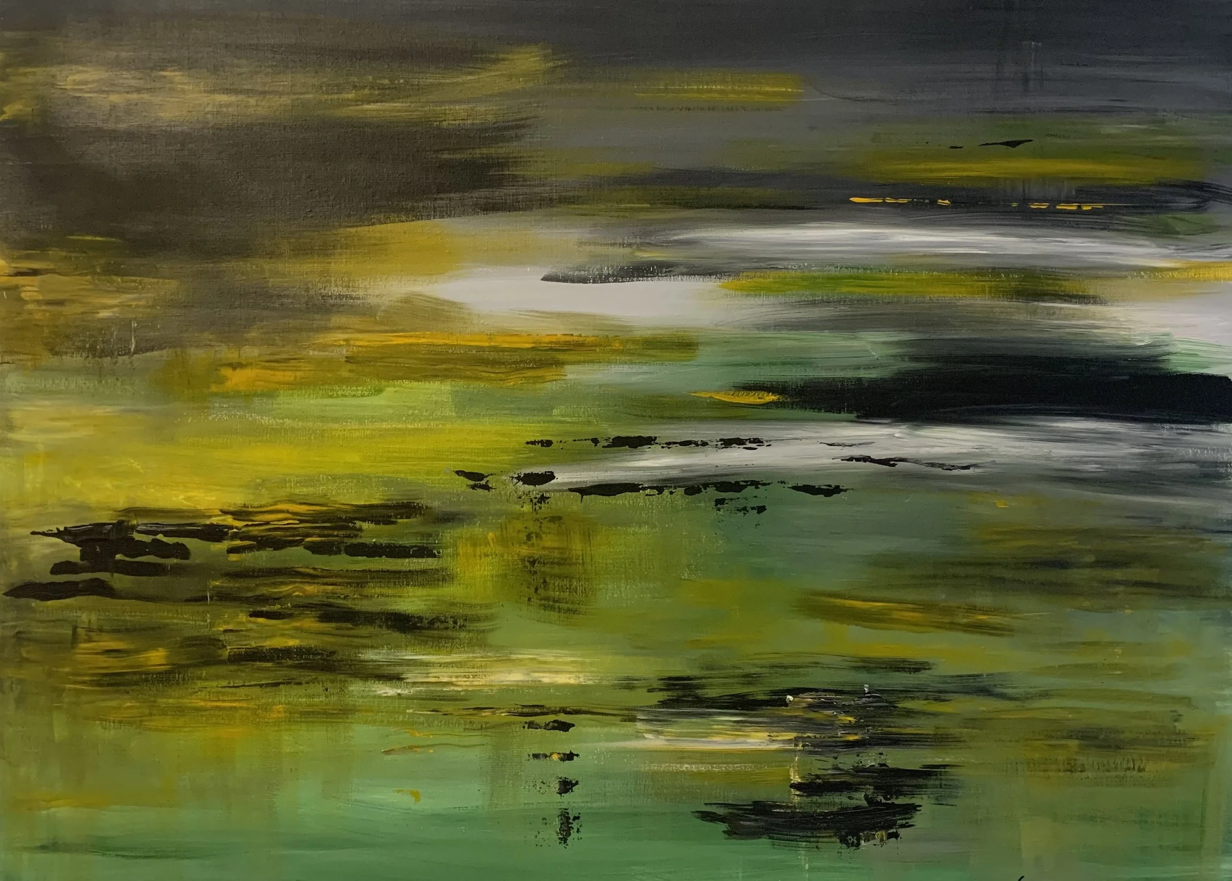 Peinture abstraite contemporaine aux dominantes vert et jaune, composition horizontale évoquant un paysage lumineux et mouvant, peinture acrylique sur toile, format 80 x 60 cm, oeuvre originale d'Isabelle Mattei