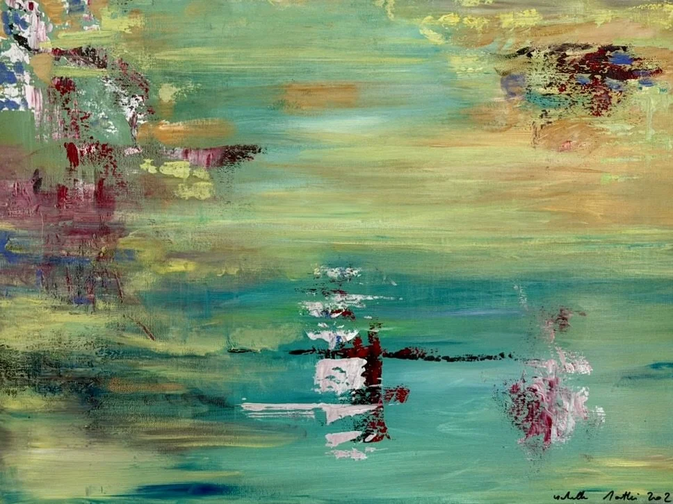 Peinture abstraite contemporaine, acrylique sur toile, aux tons verts, jaunes et rosés. Des formes  flottantes évoquant un unviers végétal aquatique, entre mouvement et suspension. Format 65 x 53 cm. Oeuvre originale d'Isabelle Mattei