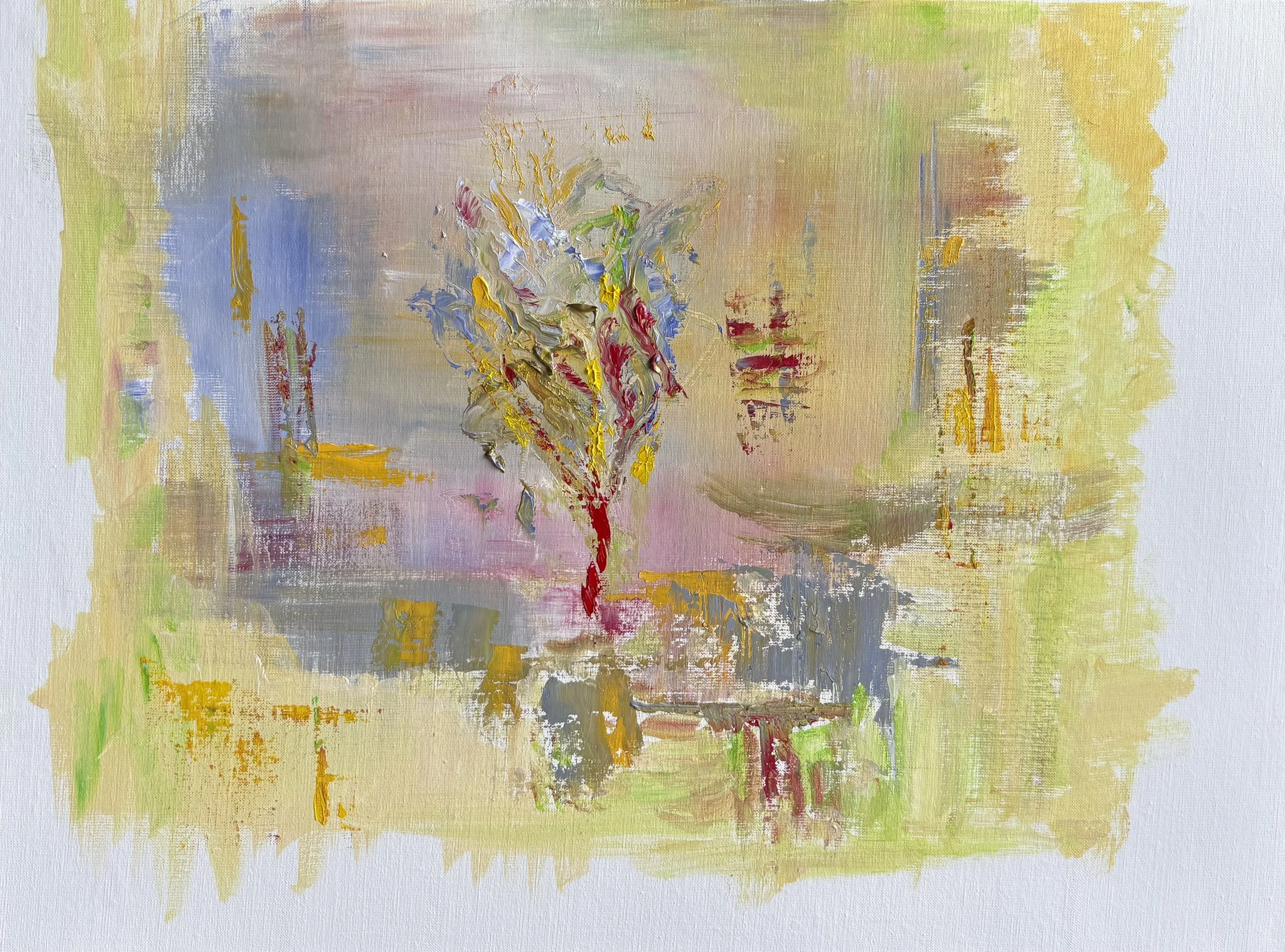 Peinture abstraite contemporaine aux tons jaunes, roses et verts, composition lumineuse et texturez, acrylique sur toile, oeuvre originale d'Isabelle Mattei, format horizontal 91 x 64 cm