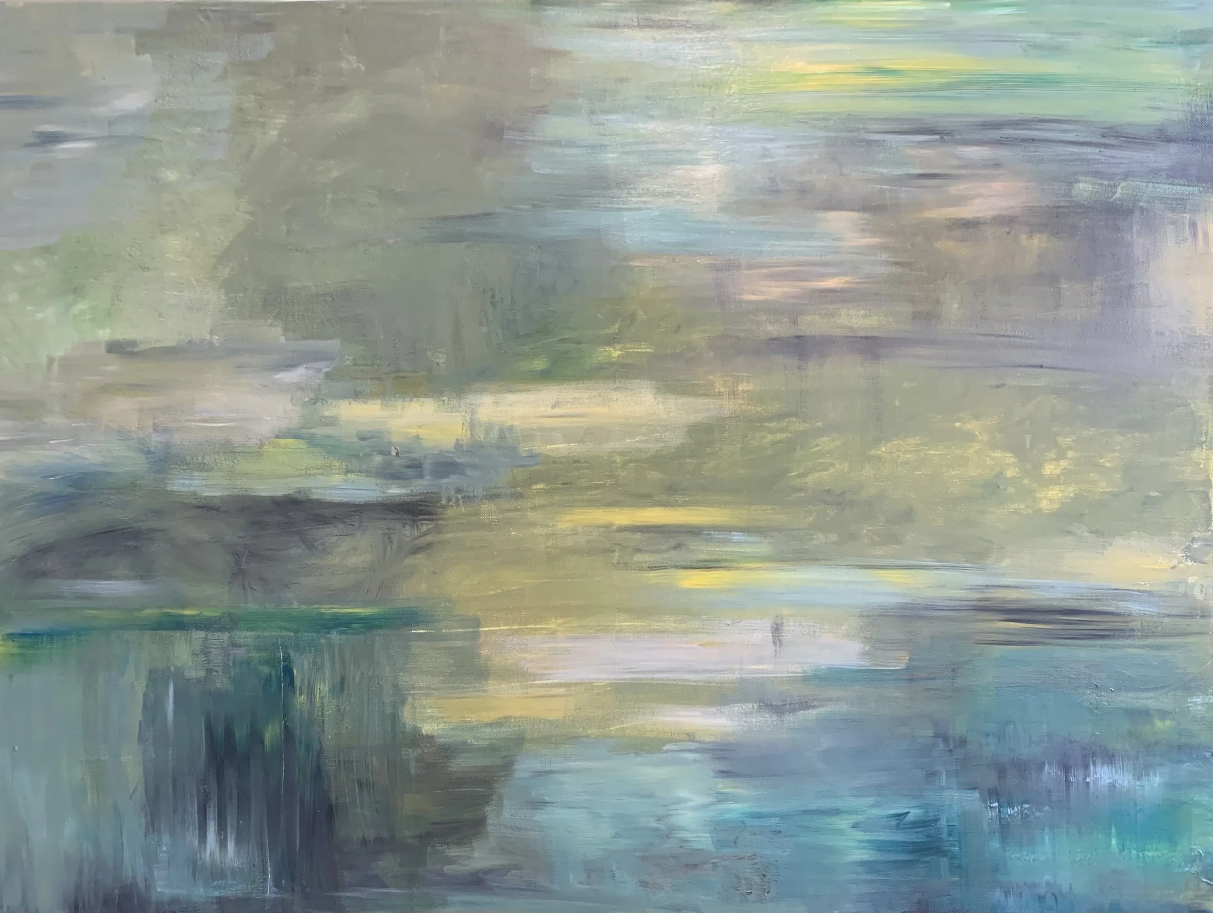 Oeuvre abstraite contemporaine aux dominantes bleu, vert et jaune, composition horizontale évoquant un paysage dominé par une nature foisonnante, acrylique sur toile de format 65 x 81, oeuvre originale d'Isabelle Mattei