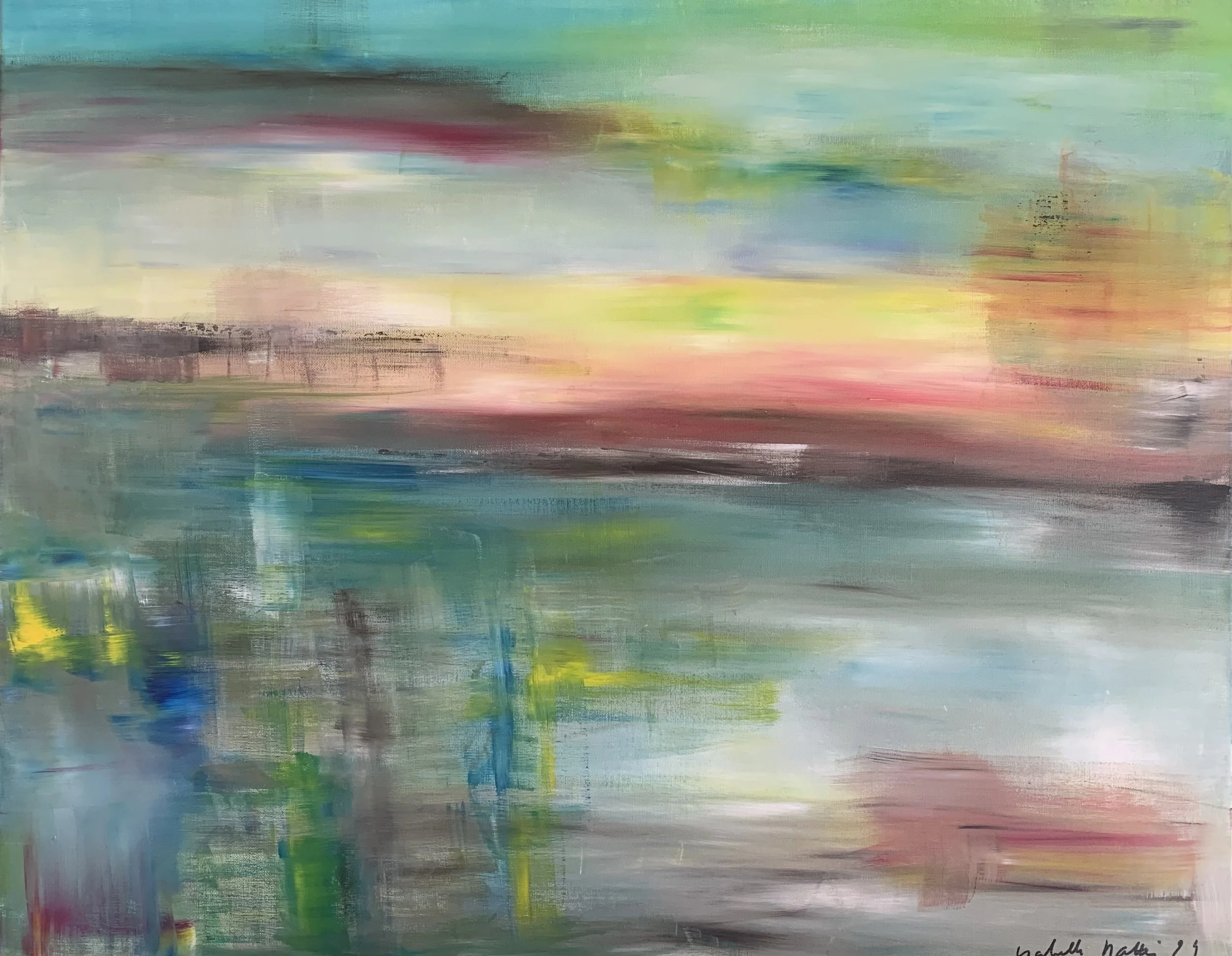 Oeuvre abstraite contemporaine aux dominantes turquoise, jaune et rose, composition horizontale évoquant un paysage lumineux et atmosphérique, peinture acrylique sur toile, format 91 x 73 cm, oeuvre originale d'Isabelle Mattei