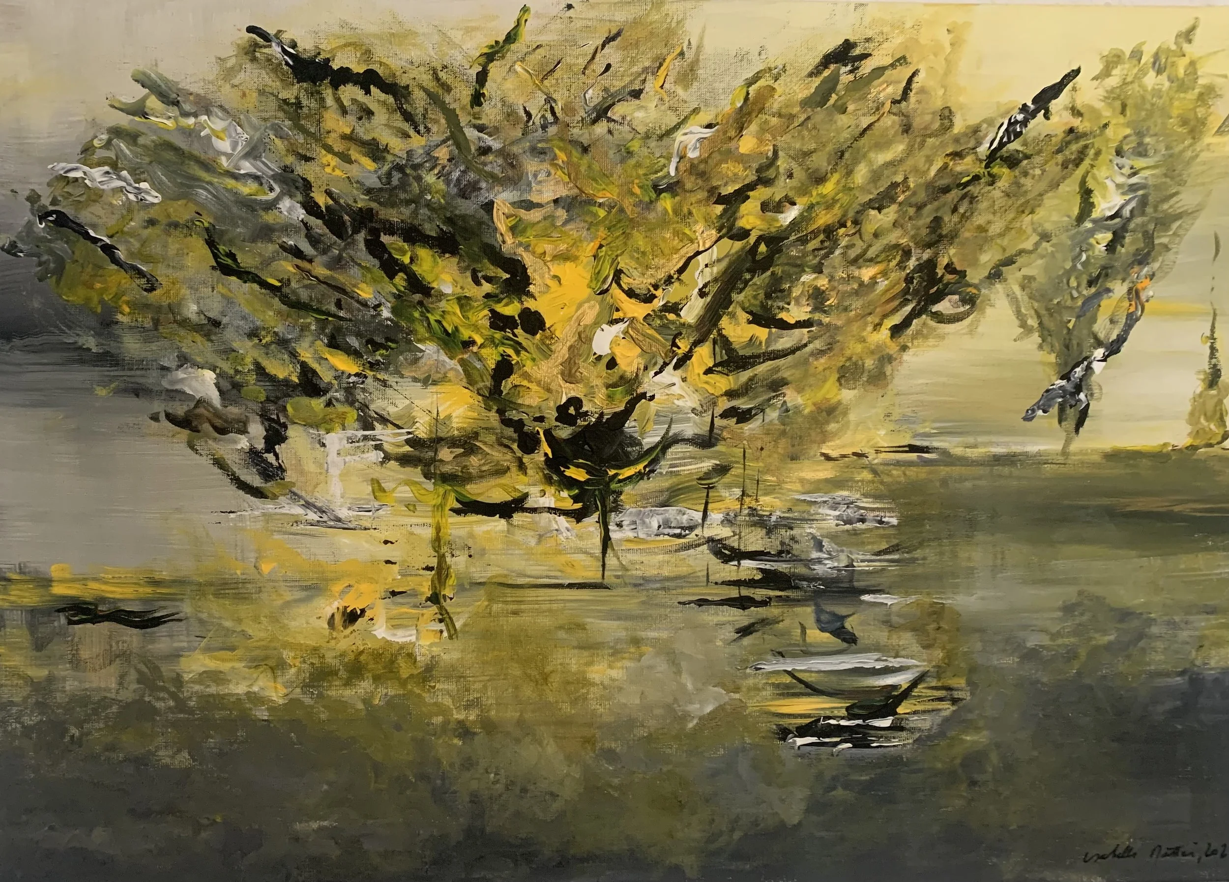Peinture abstraite contemporaine aux tons jaunes et ocres, acrylique sur toile, composition lumineuse avec reflets, oeuvre originale d'Isabelle Mattei, format horizontal 91 x 64 cm