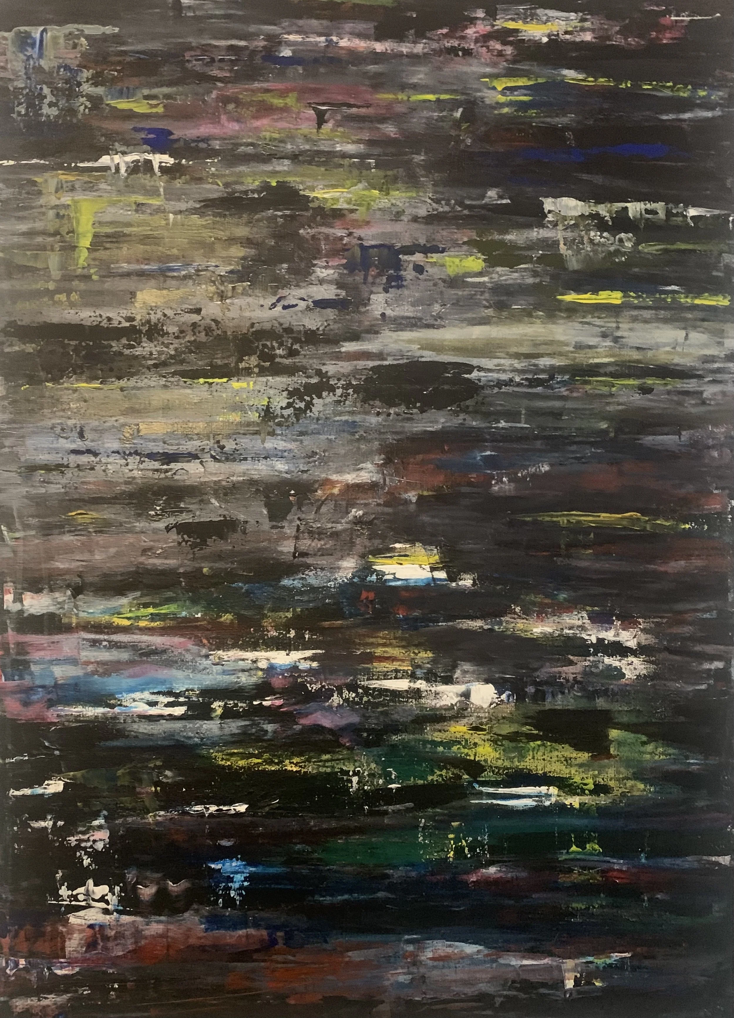 Oeuvre abstraite contemporaine, acrylique sur toile, dominantes sombres avec touches de jaune, rouge et bleu, travail au couteau et au pinceau, format 91 x 65 cm, oeuvre originale d'isabelle Mattei