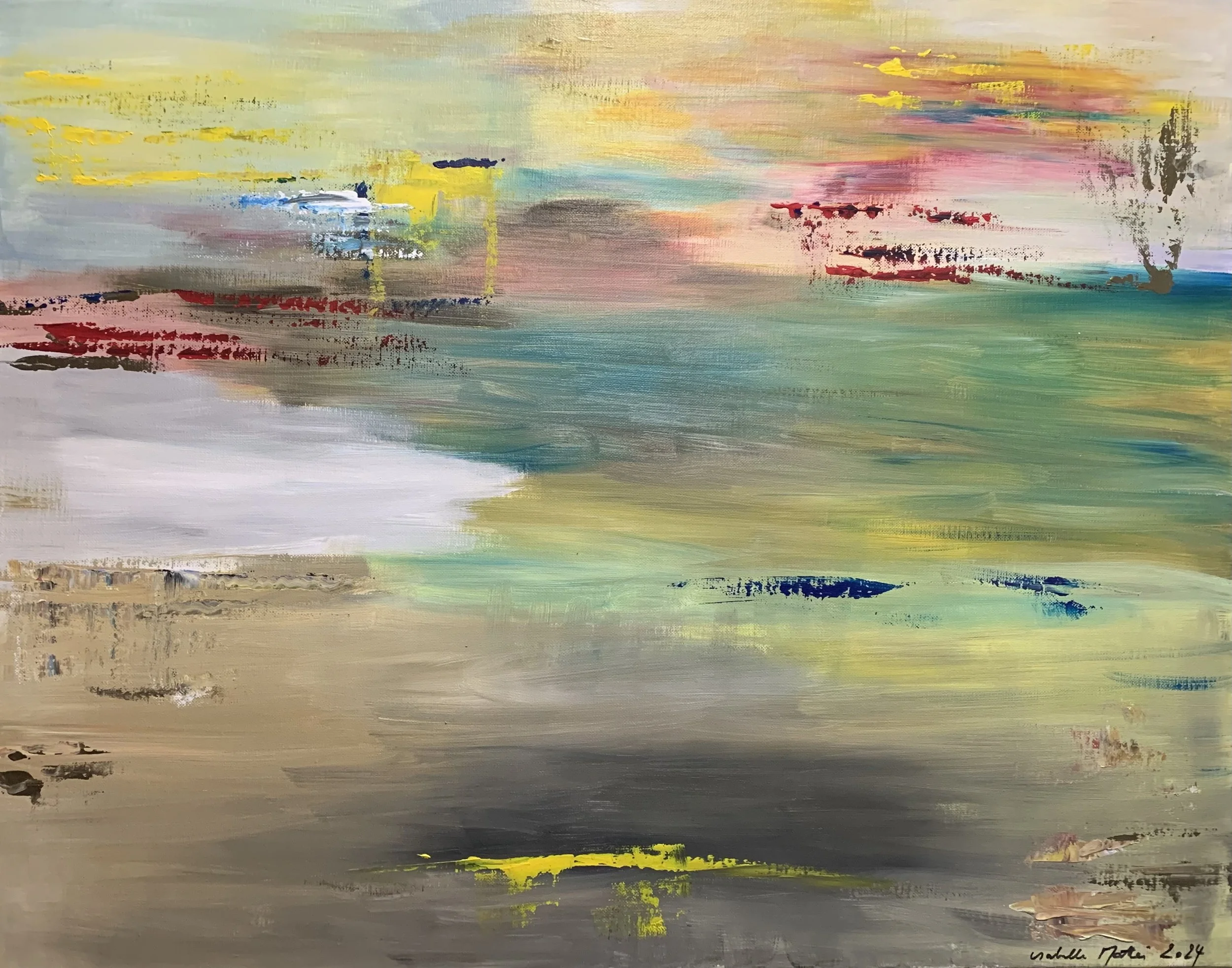 Peinture abstraite contemporaine aux tons vert d'eau, jaune, rose évoquant un paysage intérieur, acrylique sur toile, oeuvre originale d'Isabelle Mattei, format 80 x 65 cm