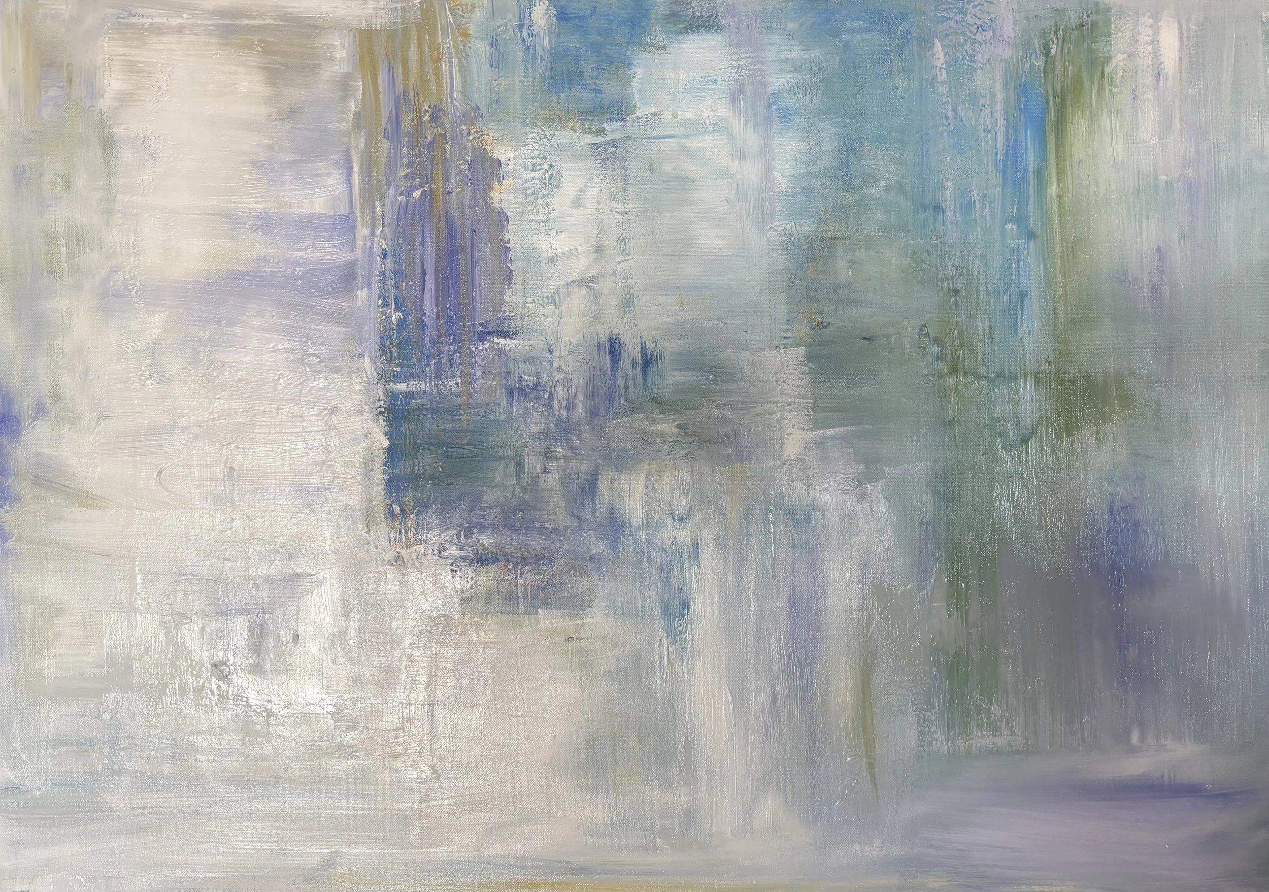 Peinture abstraite contemporaine aux tons bleu, vert et beige, acrylique sur toile, réalisée au couteau et au pinceau, oeuvre originale d'Isabelle Mattei format 65 x 91 cm