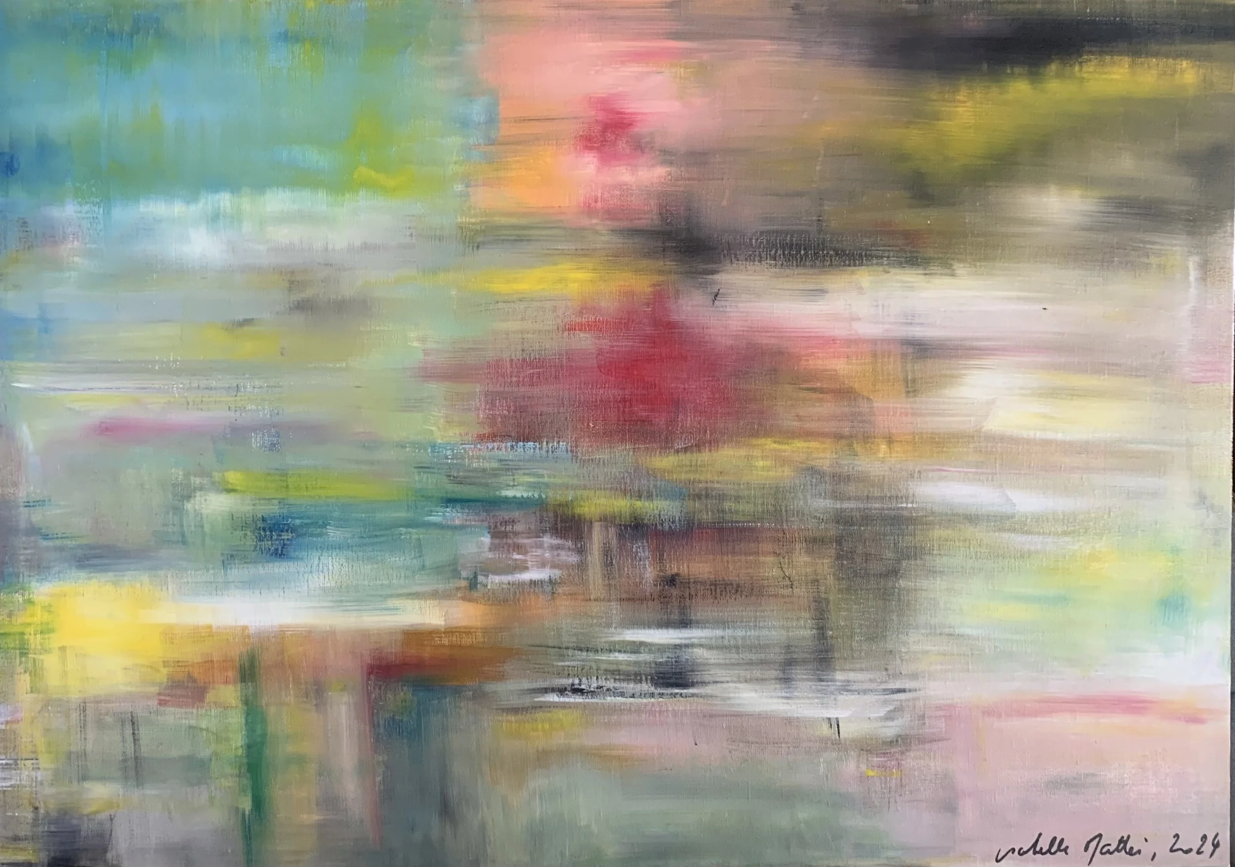 Peinture abstraite contemporaine aux tons turquoise, jaunes et rouges, composition horizontale lumineuse et vibrante, superpositions de matières et de gestes, acrylique sur toile, oeuvre originale d'Isabelle Mattei, format 91 x 65 cm