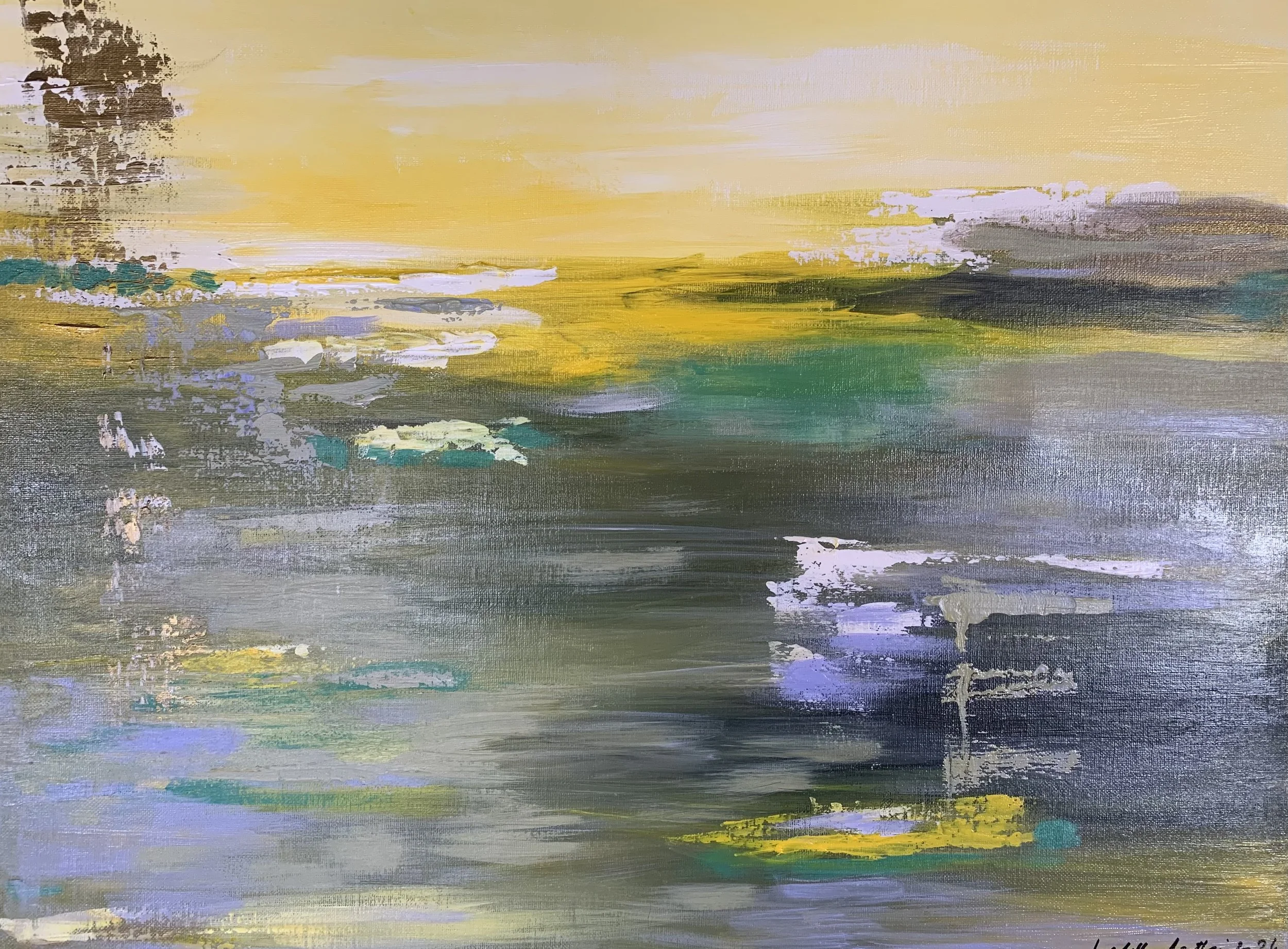 Tableau abstrait contemporain en acrylique sur toile, palette lumineuse jaune et verte êlée de mgêris, travail de couches et de matière au couteau, format 65 x 50 cm, oeuvre originale d'Isabelle Mattei