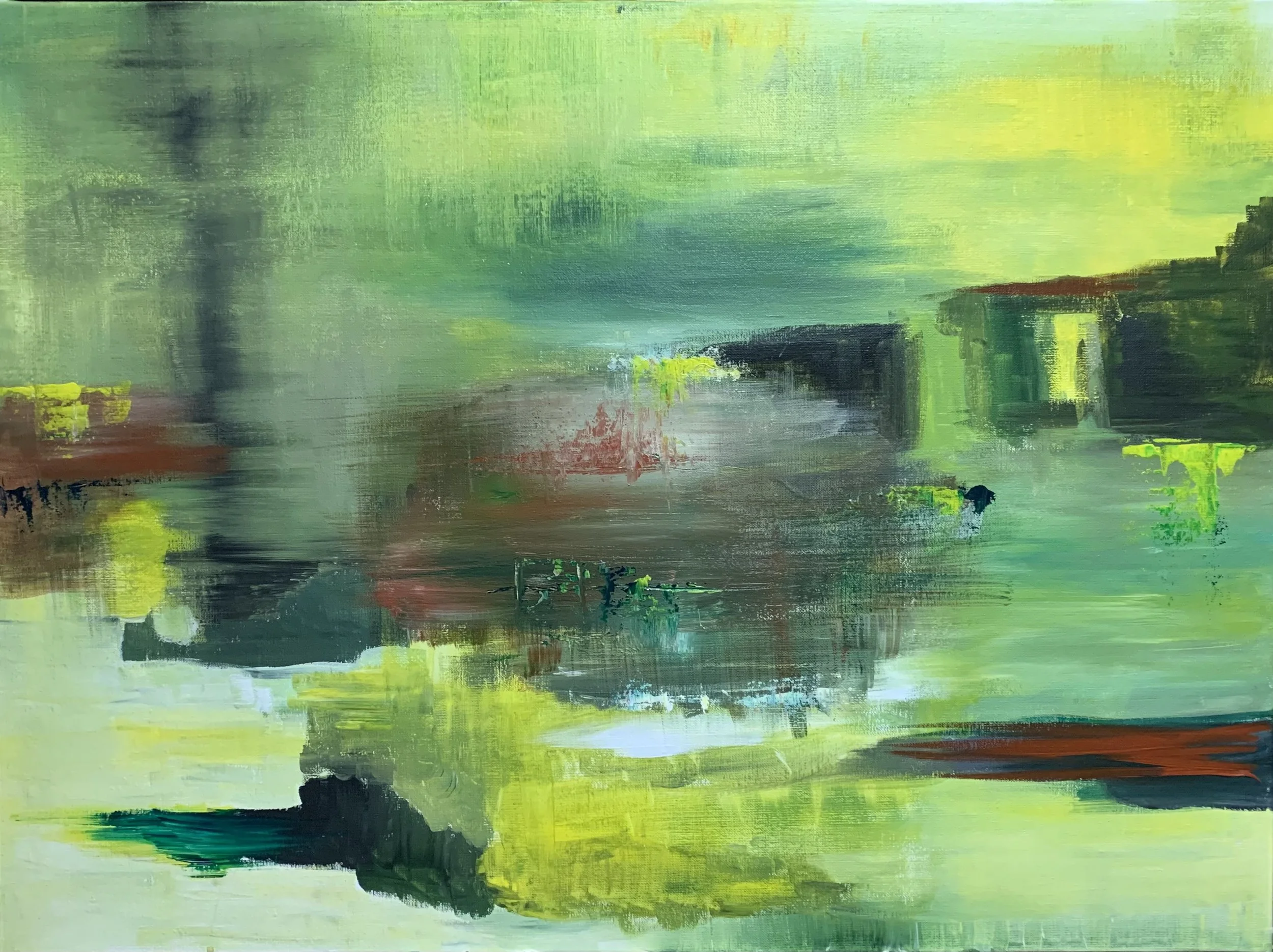 Oeuvre abstraite aux verts et jaunes intenses, gestes rapides et zones suspendues créant une tension entre mouvement et immobilité, peinture acrylique sur toile, format 81 x 65 cm, oeuvre originale d'Isabelle Mattei