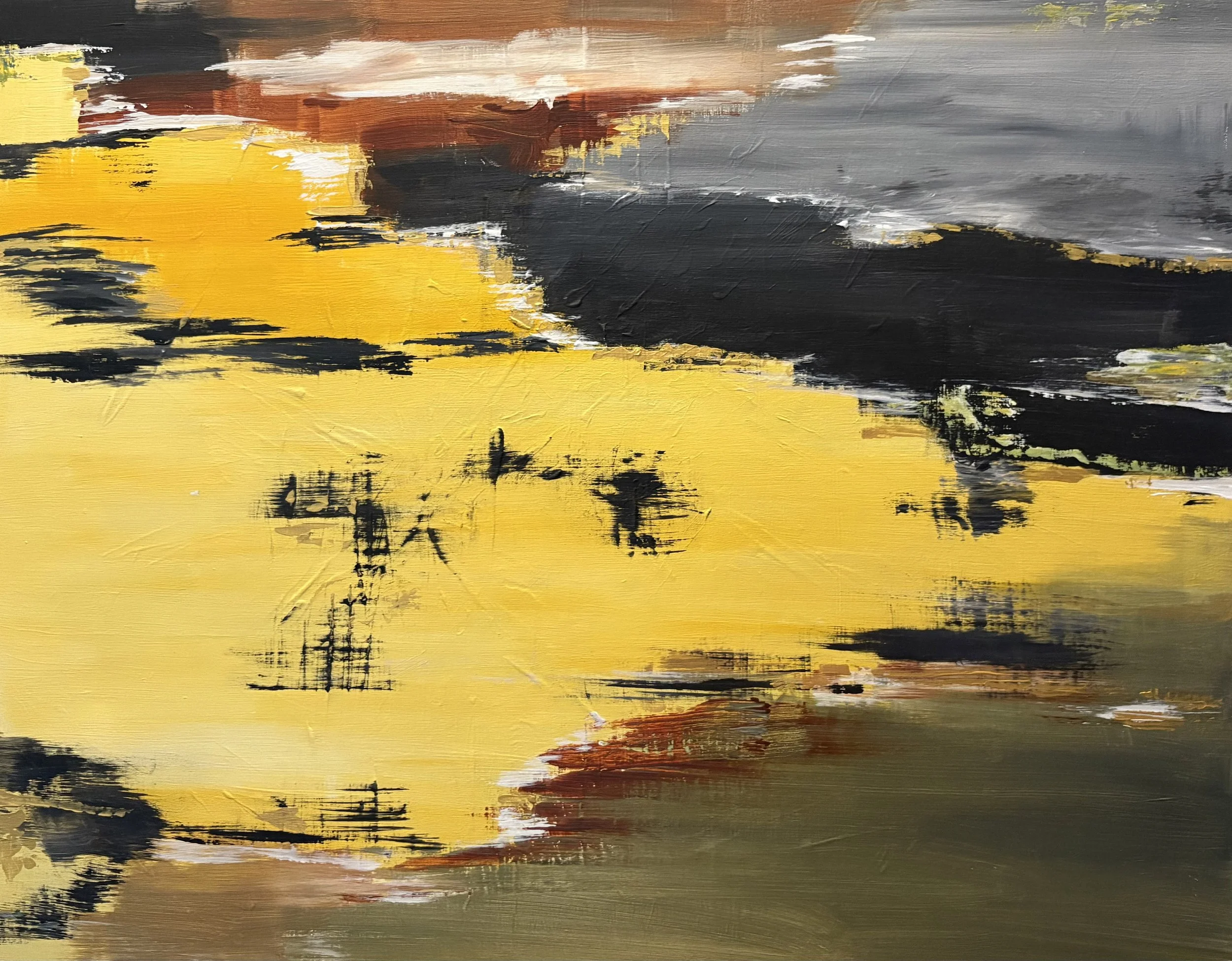 Peinture abstraite contemporaine évoquant un paysage intérieur, dominée par le jaune et des contrastes sombres, acrylique sur toile, format 100 x 80 cm, oeuvre originale d'Isabelle Mattei