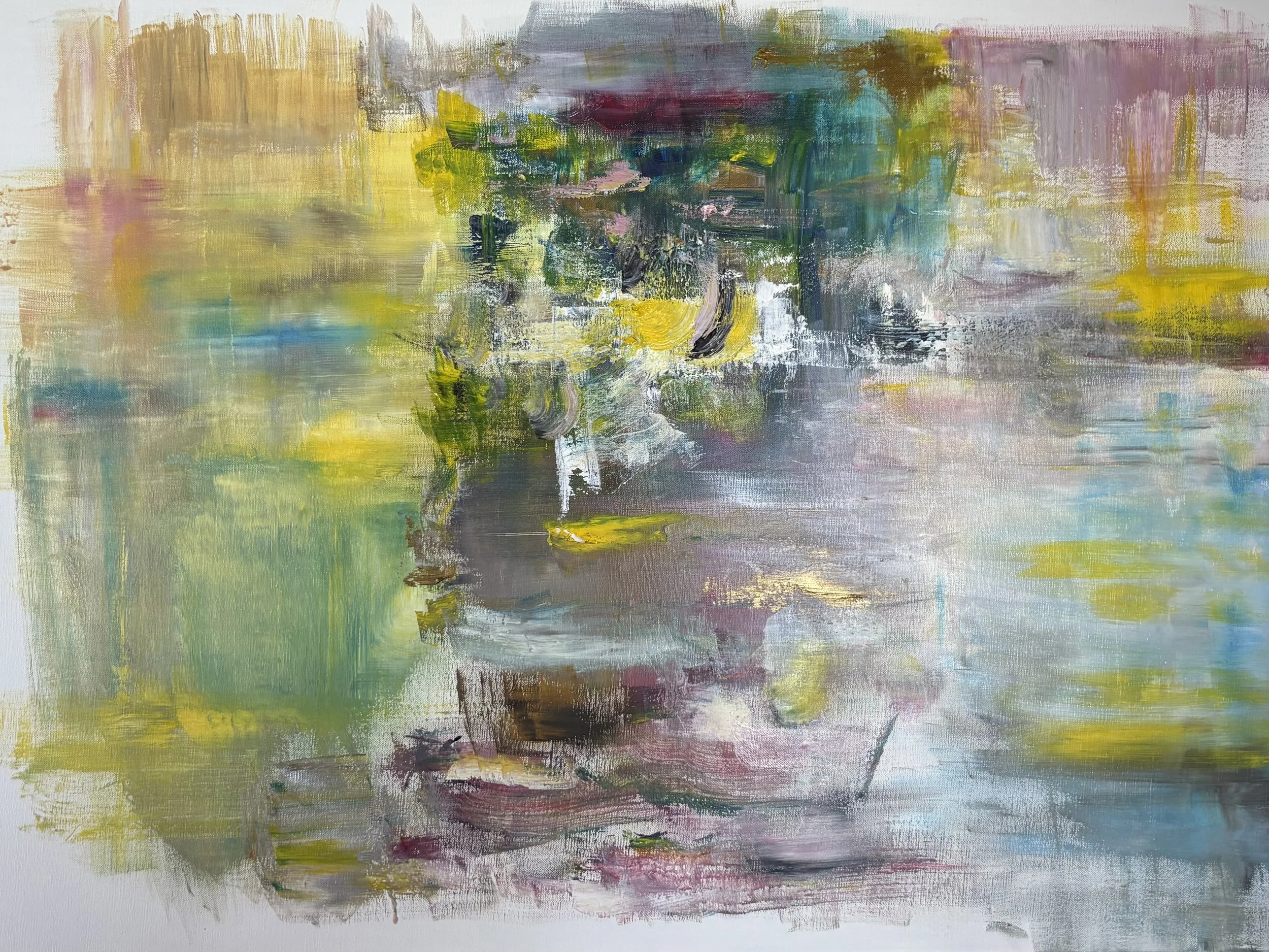 Peinture abstraite contemporaine aux tons jean, verts et blancs, acrylique sur toile composition lumineuse et gestuelle, oeuvre originale d'Isabelle Mattei, format horizontal 91 x 64 cm