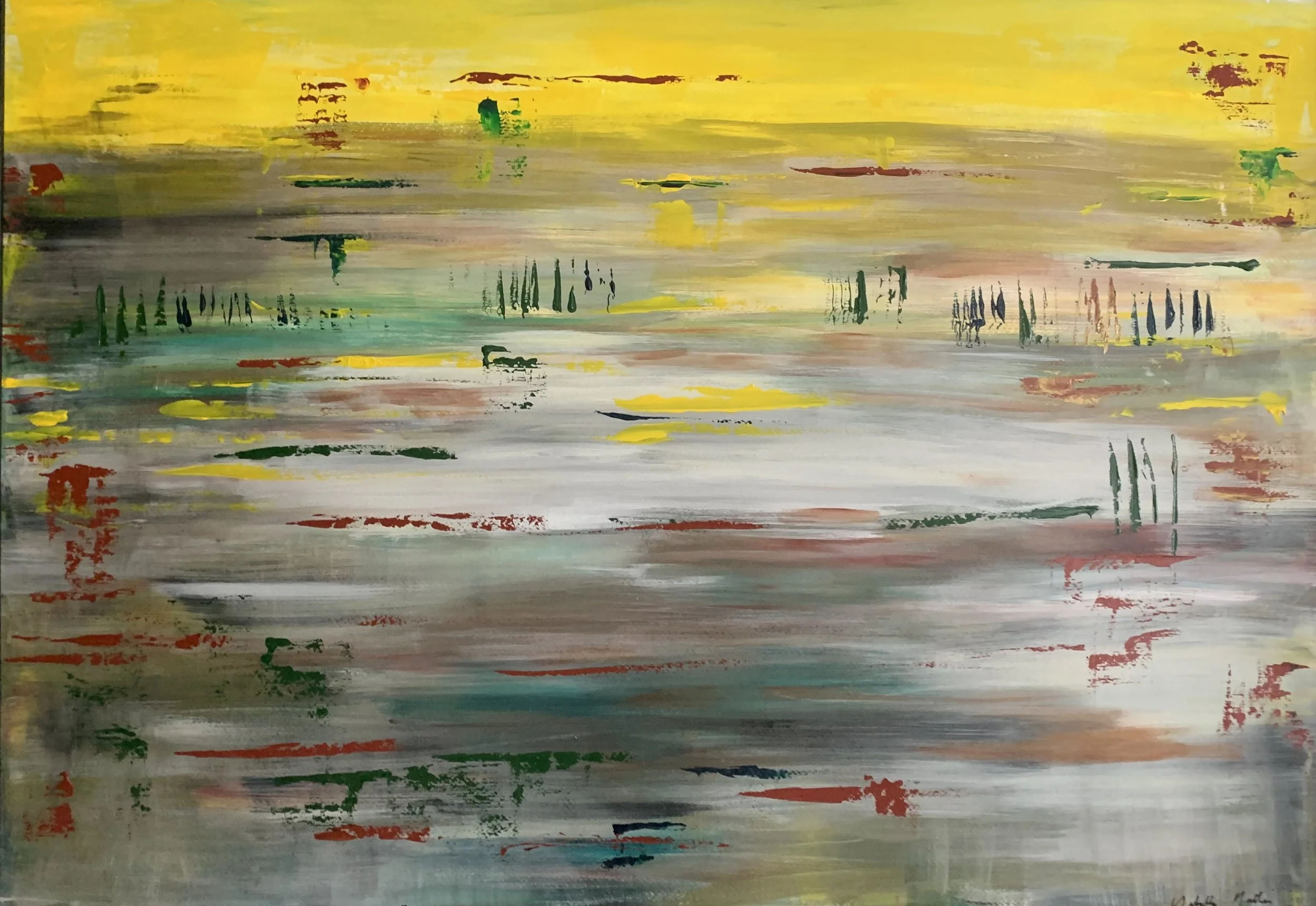 Oeuvre abstraite contemporaine aux dominantes jaunes, vert d'eau et touches rouges, composition horizontale évoquant un paysage lumineux et aquatique, technique mixte sur papier, format 100 x 70 cm, oeuvre originale d'Isabelle Mattei