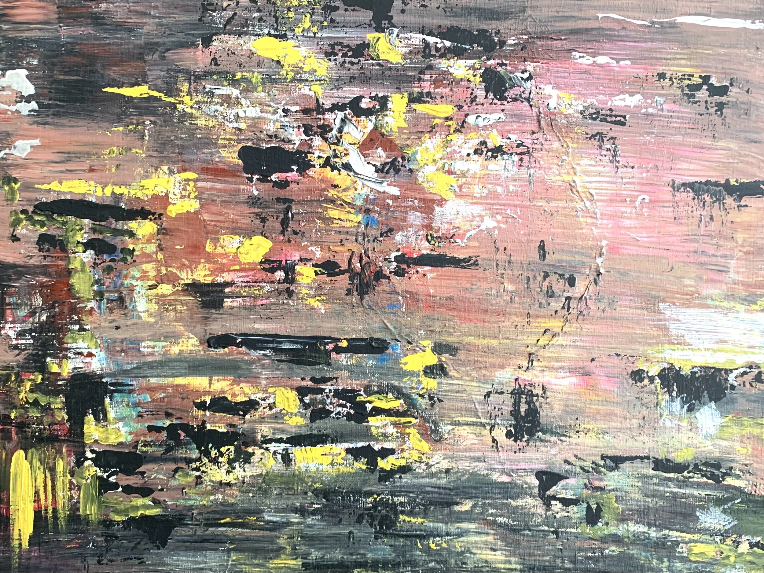 Peinture abstraite contemporaine aux tons rouges, ocres, jaunes et noirs, composition dynamique et texturez, acrylique sur toile, oeuvre originale d'Isabelle Mattei, format horizontal 50 x 40 cm