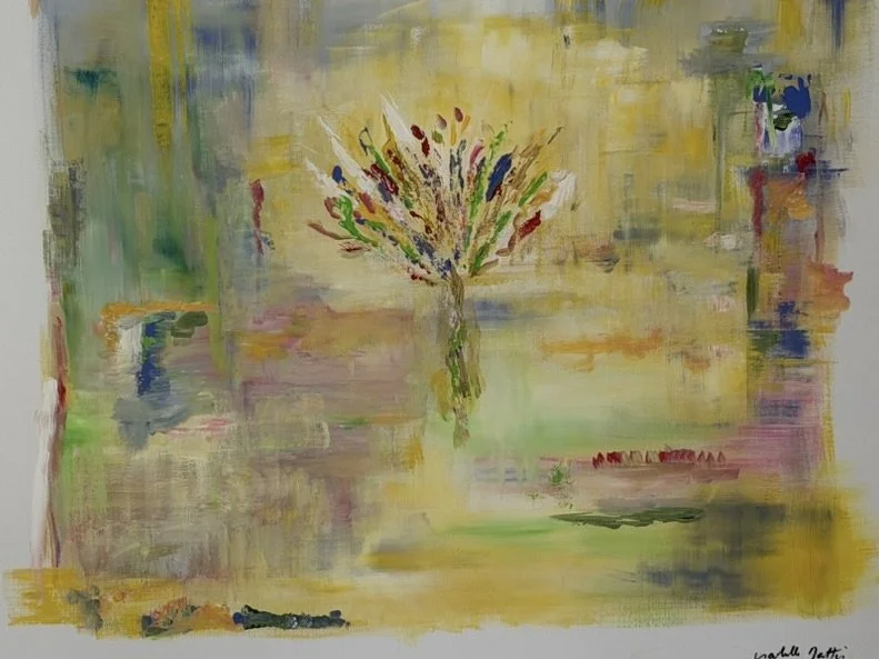 Peinture abstraite acrylique sur toile, de format 73 x 92 cm, composition lumineuse autour d'un arbre stylisé aux couleurs vives, dominantes jaune et pastel, oeuvre originale d'Isabelle Mattei