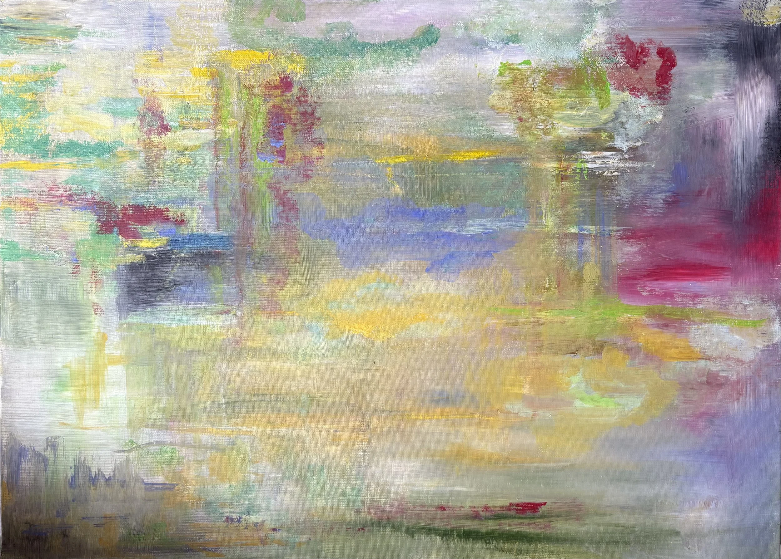 Oeuvre abstraite lumineuse aux jaunes, roses et verts clairs, superpositions légères et coulures verticales évoquant le mouvement et la danse de la lumière, acrylique sur toile, format 59 x 81 cm, peinture originale d'Isabelle Mattei