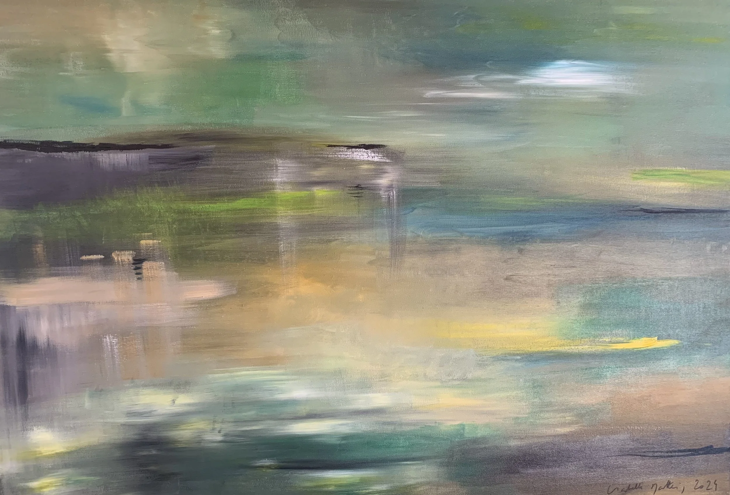 Oeuvre abstraite aux tonalités vert d'eau, jaune doux et bleu, larges plans horizontaux et transitions fondues évoquant une étendue fluide et silencieuse, peinture acrylique sur toile, format 91 x 65 cm, oeuvre originale d'Isabelle Mattei