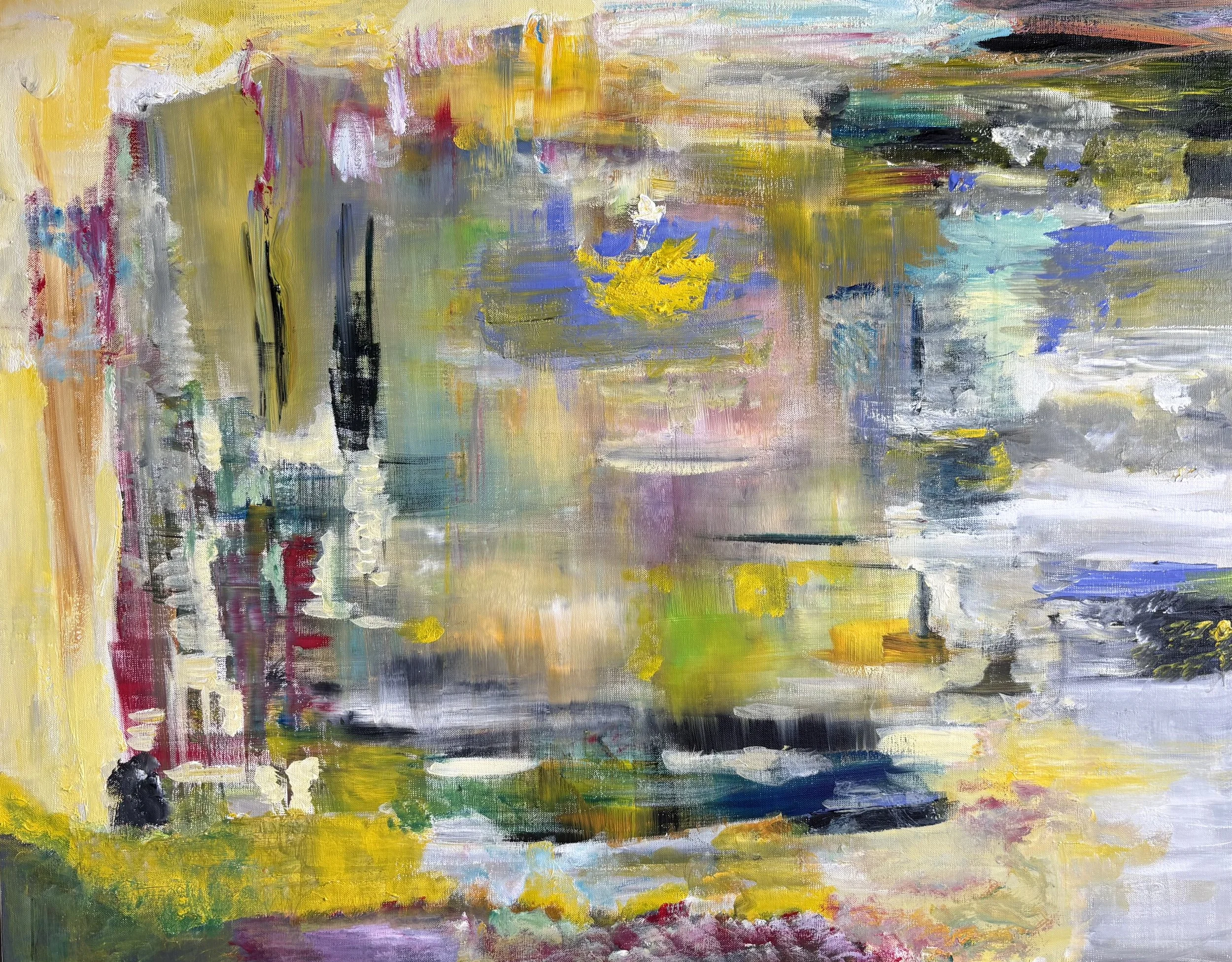 Peinture abstraite contemporaine aux tons jaune, blanc, bleu et ocre, acrylique sur toile, oeuvre originale d'Isabelle Mattei, format horizontal 115 x 80 cm