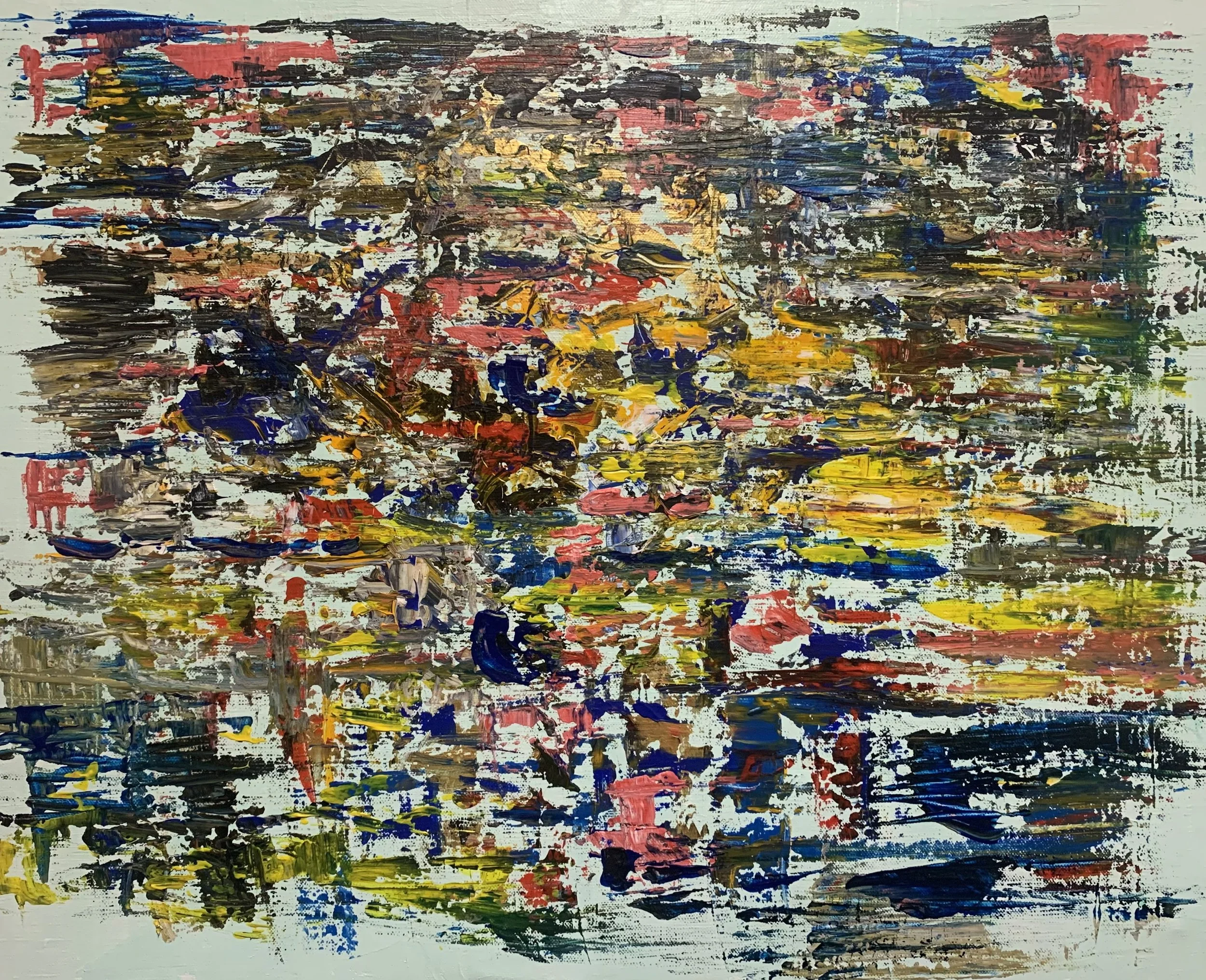 Peinture abstraite contemporaine multicolore aux tons rouges, jaunes, bleus et noirs, composition dense et gestuelle, acrylique sur toile , oeuvre originale d'Isabelle Mattei, tableau primé "Coup de coeur du jury", format 50 x 61 cm