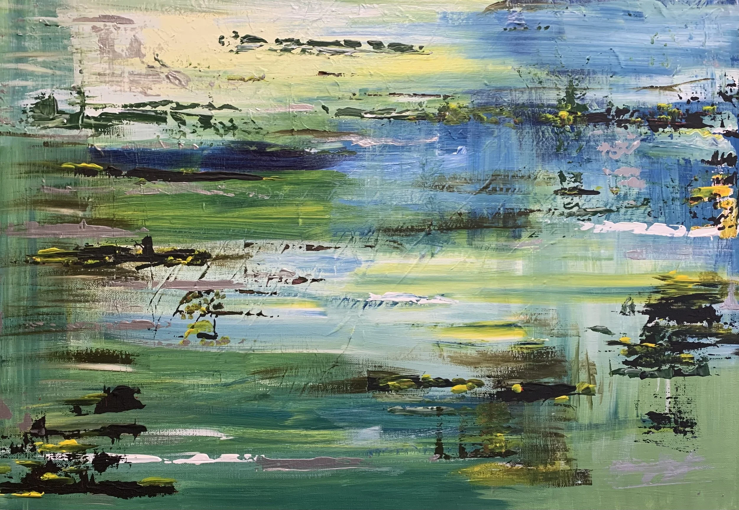 Peinture abstraite contemporaine aux tons vert, bleu et jaune, acrylique sur toile, oeuvre originale d'Isabelle Mattei, format horizontal 70 x 50 cm