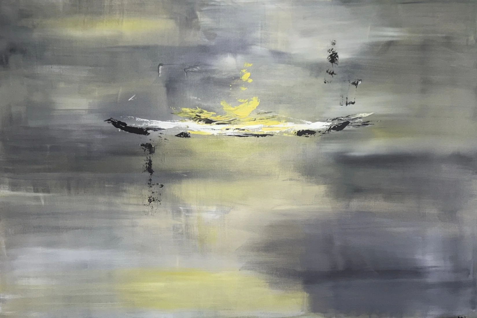 Peinture abstraite contemporaine aux tons gris et jaunes, composition horizontale évoquant un paysage intérieur lullineux, acrylique sur toile, format 97 x 146 cm, oeuvre originale d'Isabelle Mattei