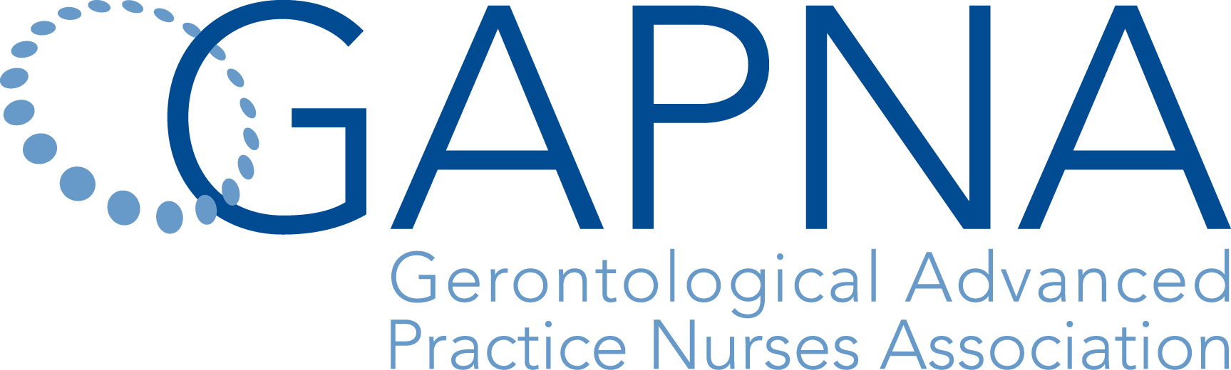 Logo for GAPNA, Gerontological Advanced Practice Nurses Association, featuring the organization's name with a dotted circular design to the left.