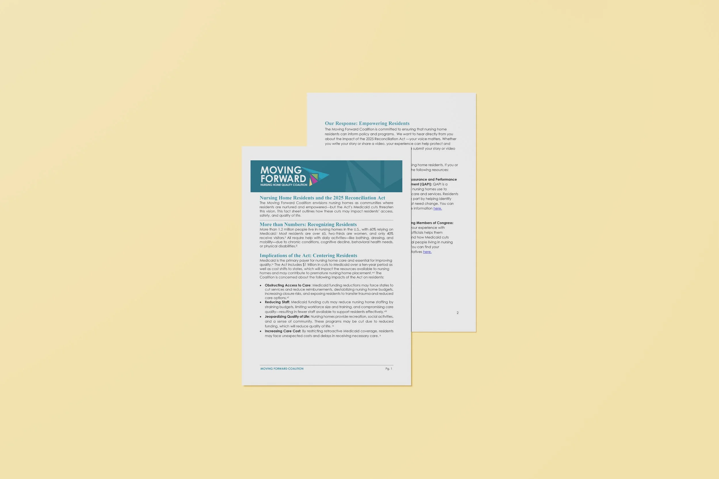 Two printed informational documents on a pale yellow background, one slightly overlapping the other.