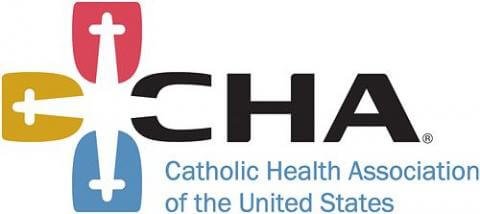 Logo of the Catholic Health Association of the United States featuring a cross and four colored shields in red, yellow, blue, and white.