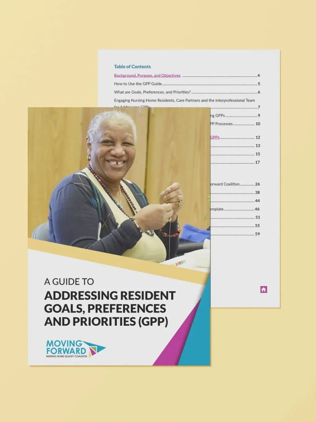 Book titled "A Guide to Addressing Resident Goals, Preferences, and Priorities (GPP)" with a smiling woman holding a beaded necklace on the cover. The background is yellow and the book features a colorful design.